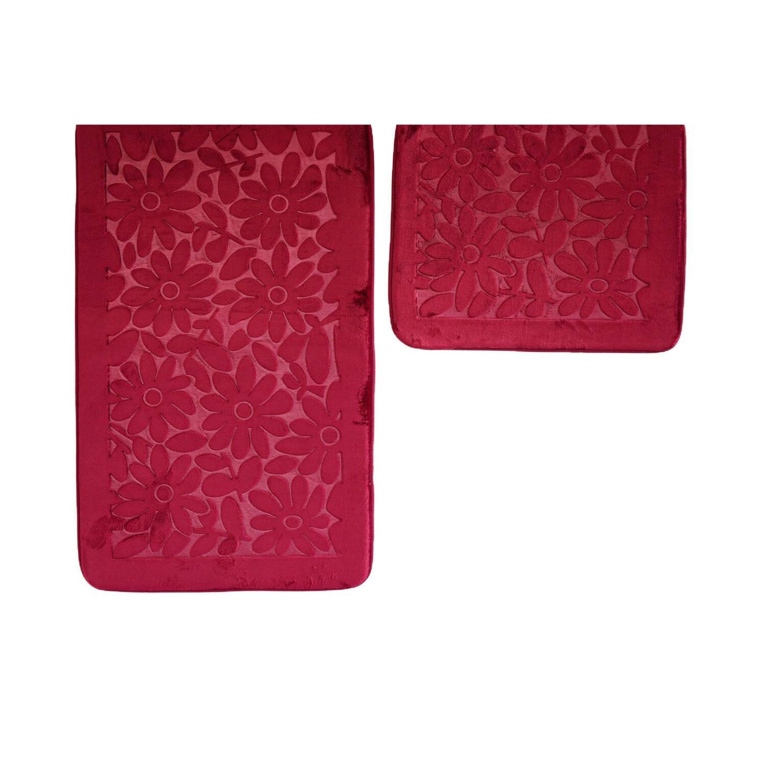 Almina Premium 2 teiliges Bademattenset aus Polyester Rutschfest Waschbar mit Blumenmotiv Bordeaux