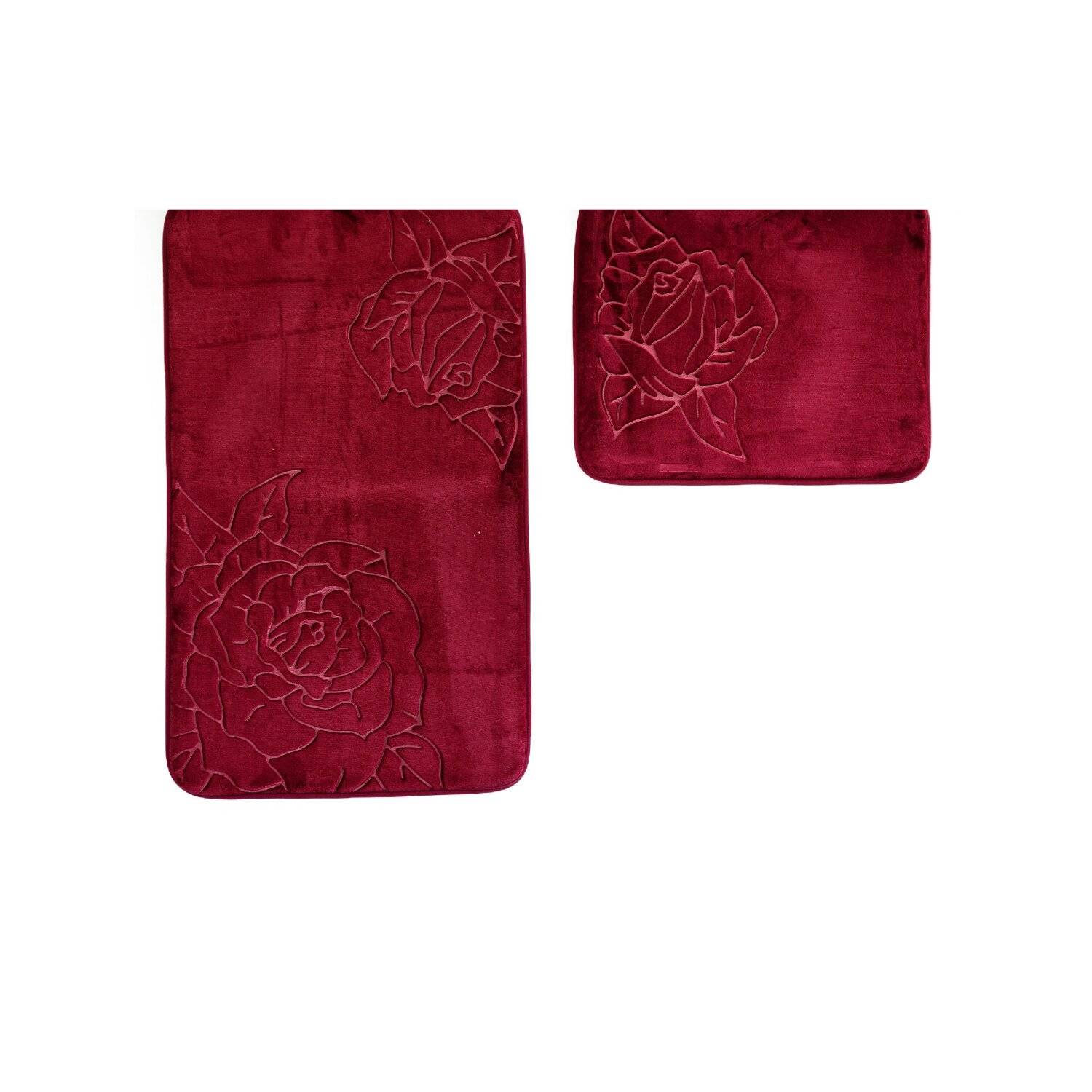 Almina Premium 2 teiliges Bademattenset aus Polyester Rutschfest Waschbar mit Rosenmotiv Bordeaux