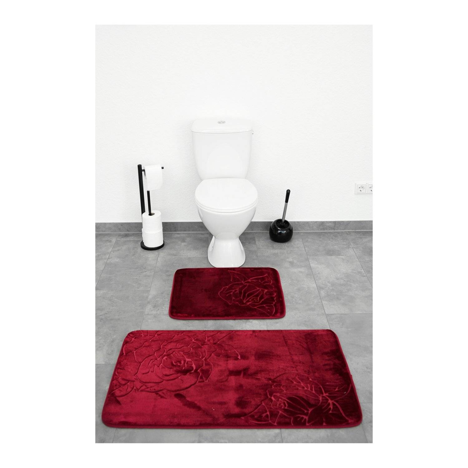 Almina Premium 2 teiliges Bademattenset aus Polyester Rutschfest Waschbar mit Rosenmotiv Bordeaux