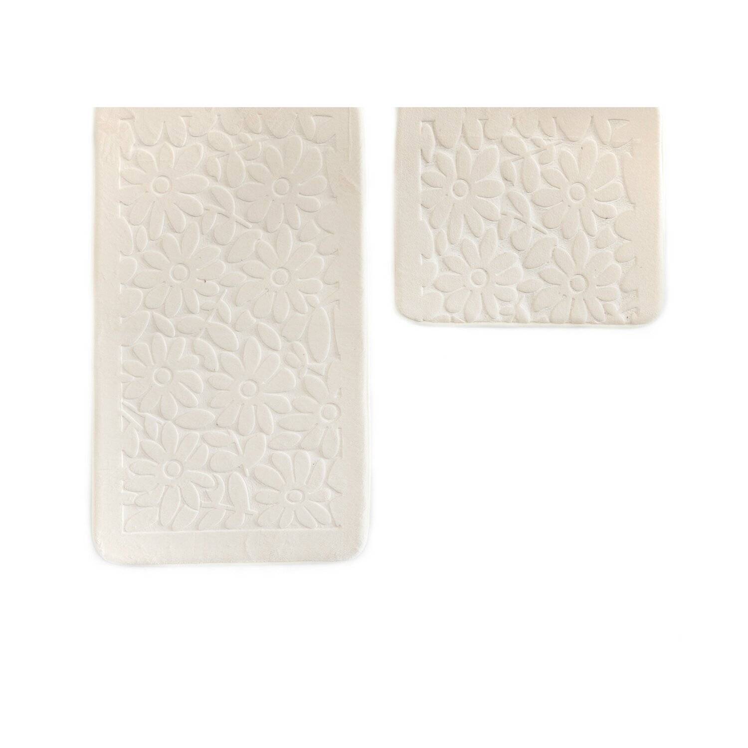 Almina Premium 2 teiliges Bademattenset aus Polyester Rutschfest Waschbar mit Blumenmotiv Creme