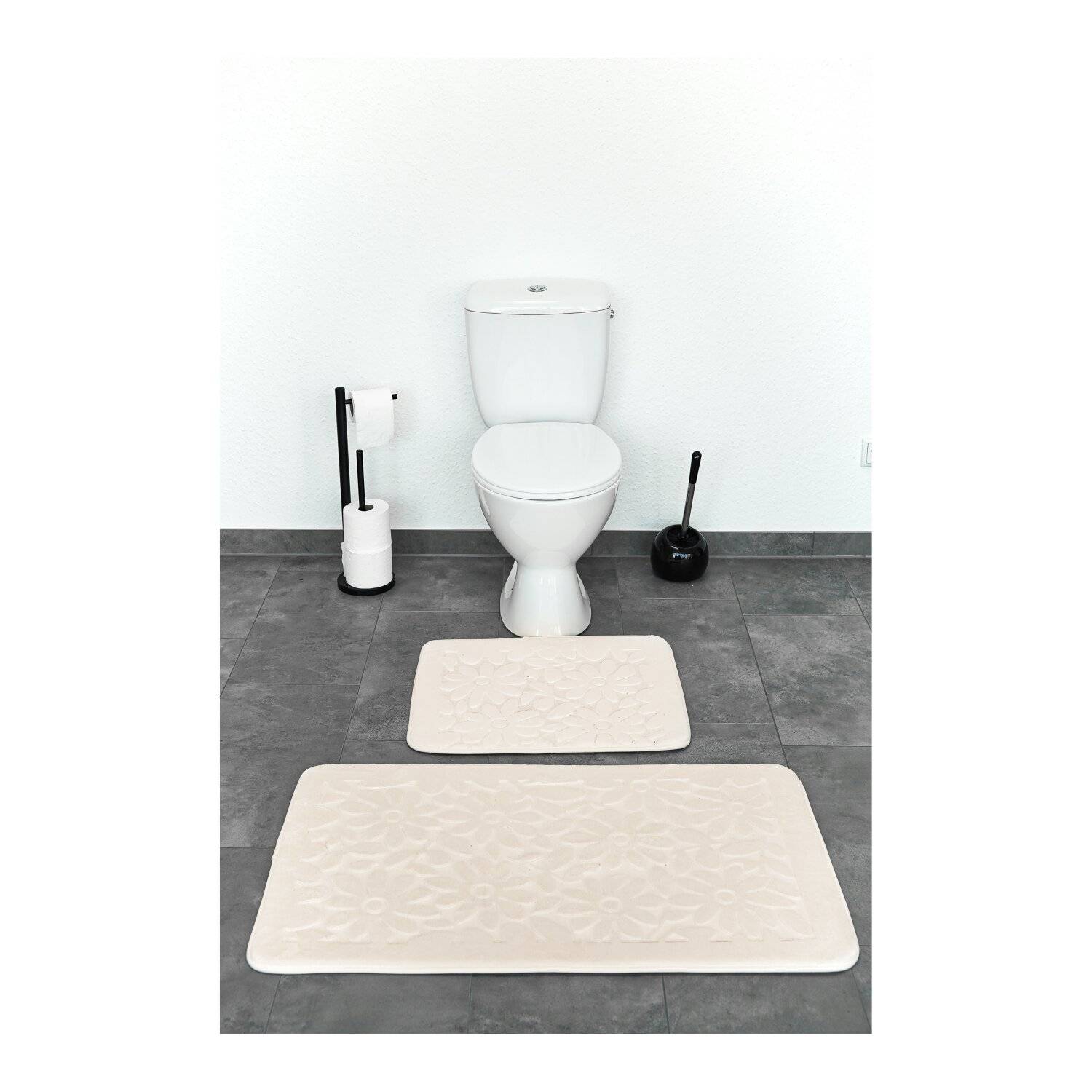 Almina Premium 2 teiliges Bademattenset aus Polyester Rutschfest Waschbar mit Blumenmotiv Creme