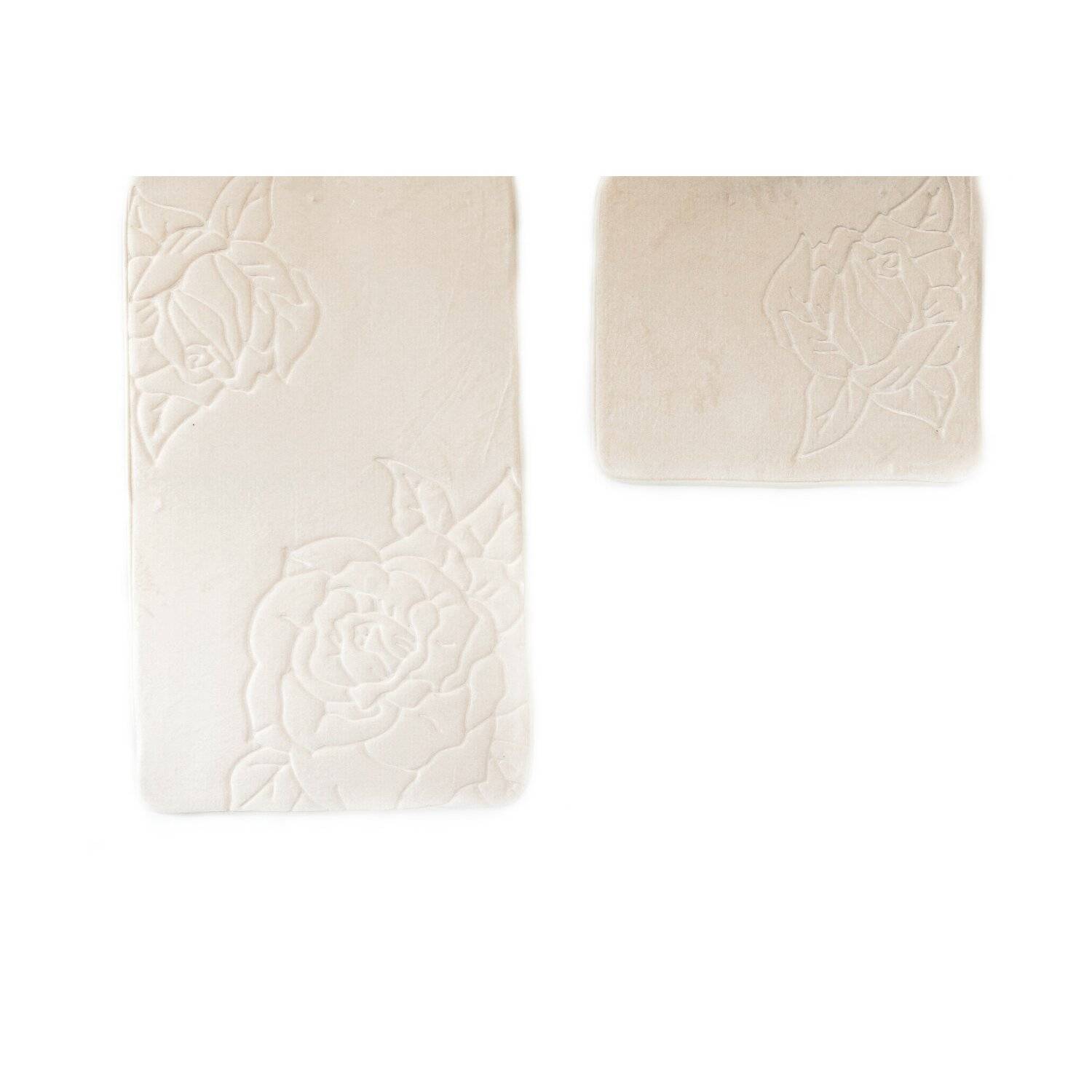 Almina Premium 2 teiliges Bademattenset aus Polyester Rutschfest Waschbar mit Rosenmotiv Creme