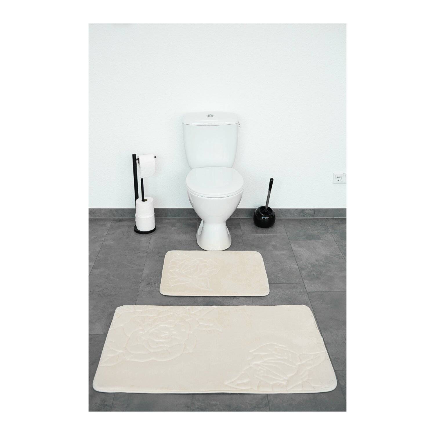 Almina Premium 2 teiliges Bademattenset aus Polyester Rutschfest Waschbar mit Rosenmotiv Creme