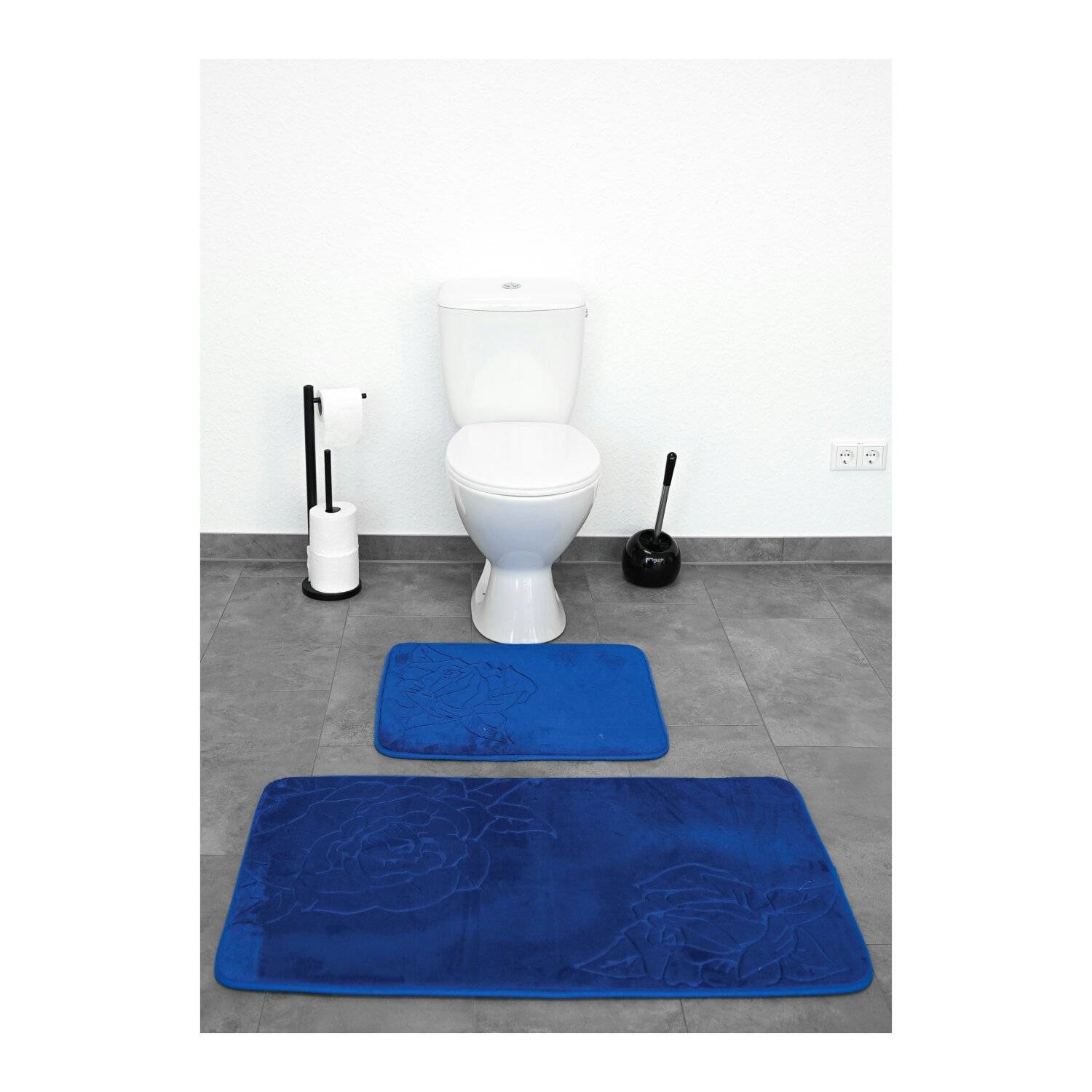 Almina Premium 2 teiliges Bademattenset aus Polyester Rutschfest Waschbar mit Rosenmotiv Dunkelblau