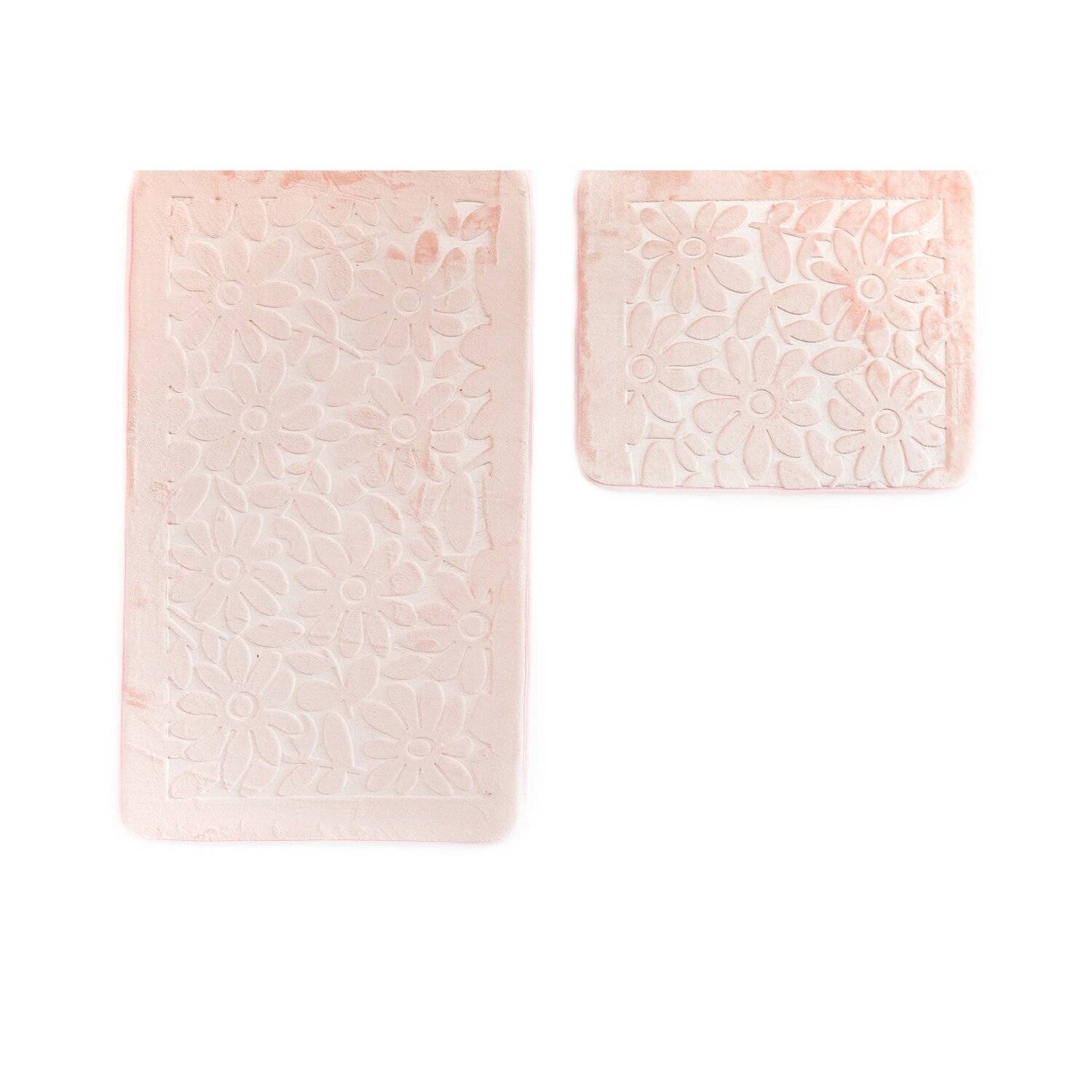 Almina Premium 2 teiliges Bademattenset aus Polyester Rutschfest Waschbar mit Blumenmotiv Rosa