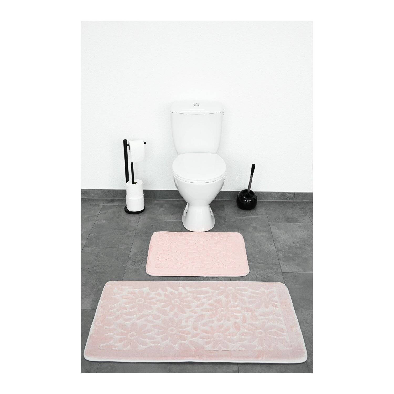 Almina Premium 2 teiliges Bademattenset aus Polyester Rutschfest Waschbar mit Blumenmotiv Rosa