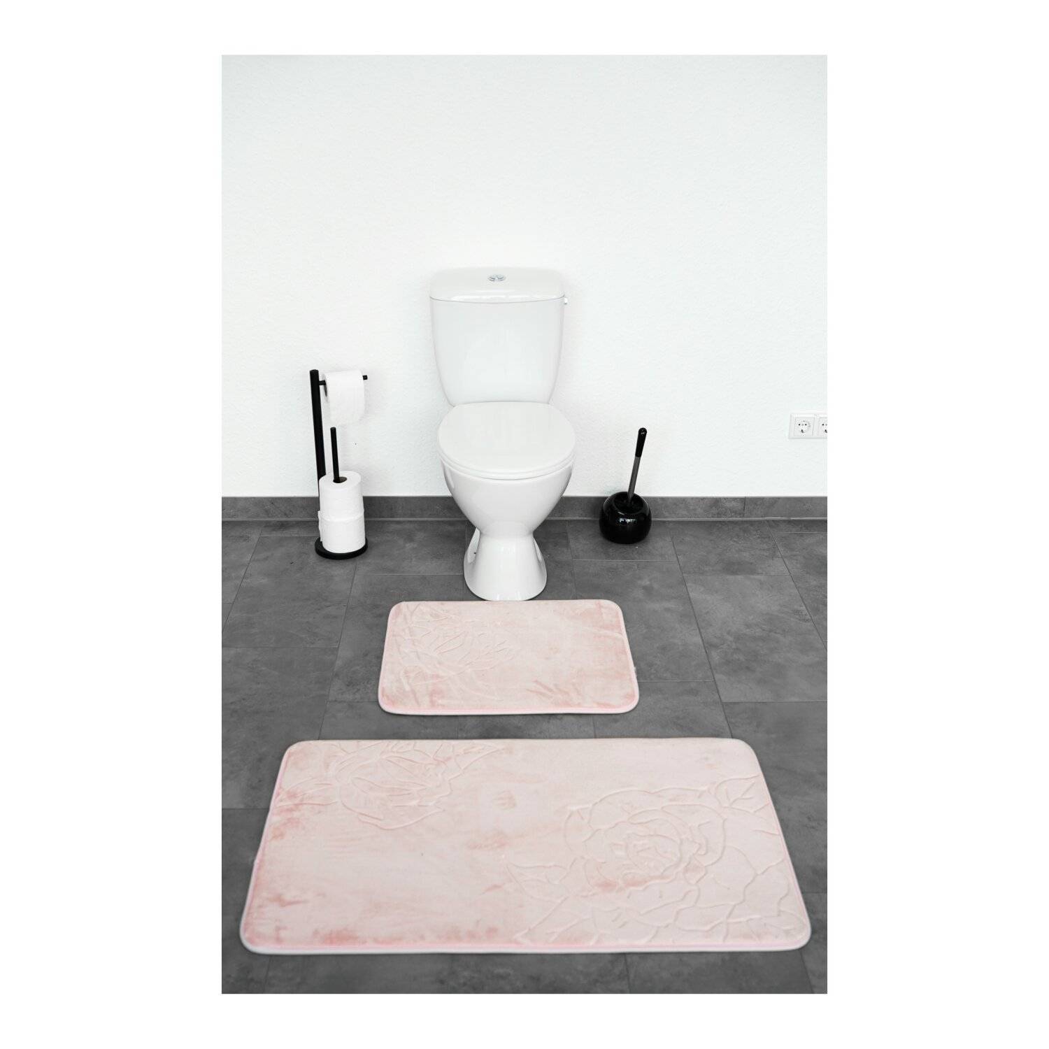 Almina Premium 2 teiliges Bademattenset aus Polyester Rutschfest Waschbar mit Rosenmotiv Rosa