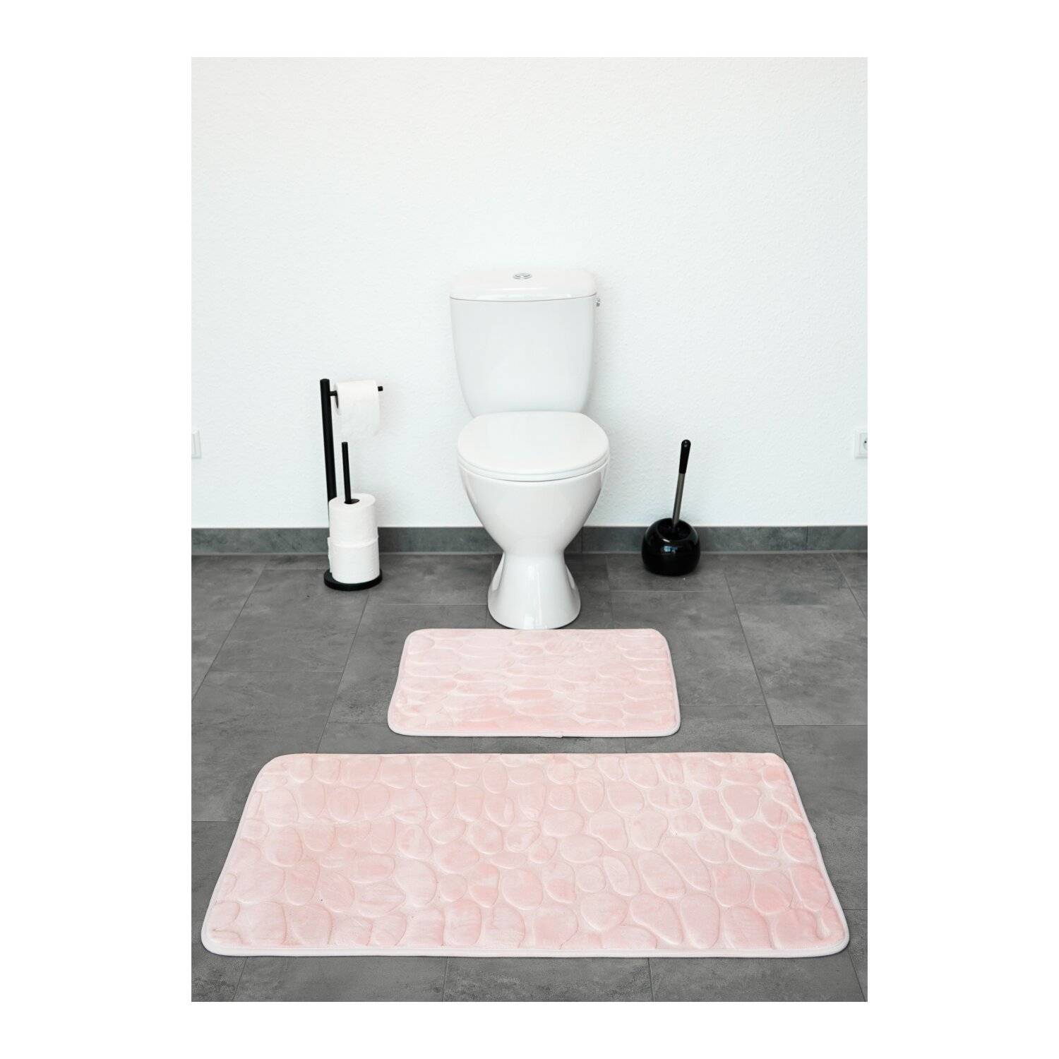 Almina Premium 2 teiliges Bademattenset aus Polyester Rutschfest Waschbar mit Steinmotiv Rosa