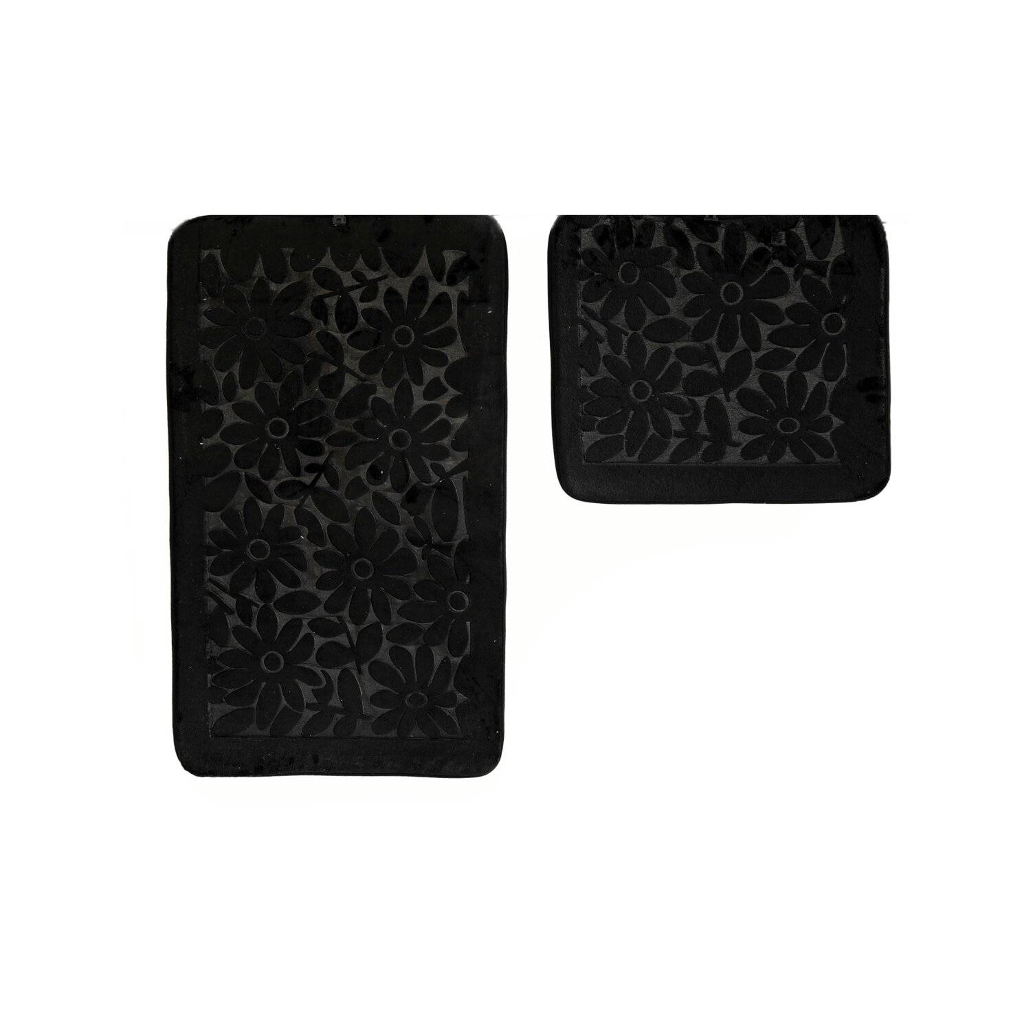 Almina Premium 2 teiliges Bademattenset aus Polyester Rutschfest Waschbar mit Blumenmotiv Schwarz