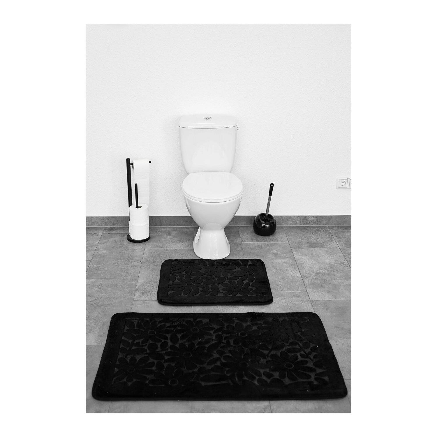 Almina Premium 2 teiliges Bademattenset aus Polyester Rutschfest Waschbar mit Blumenmotiv Schwarz