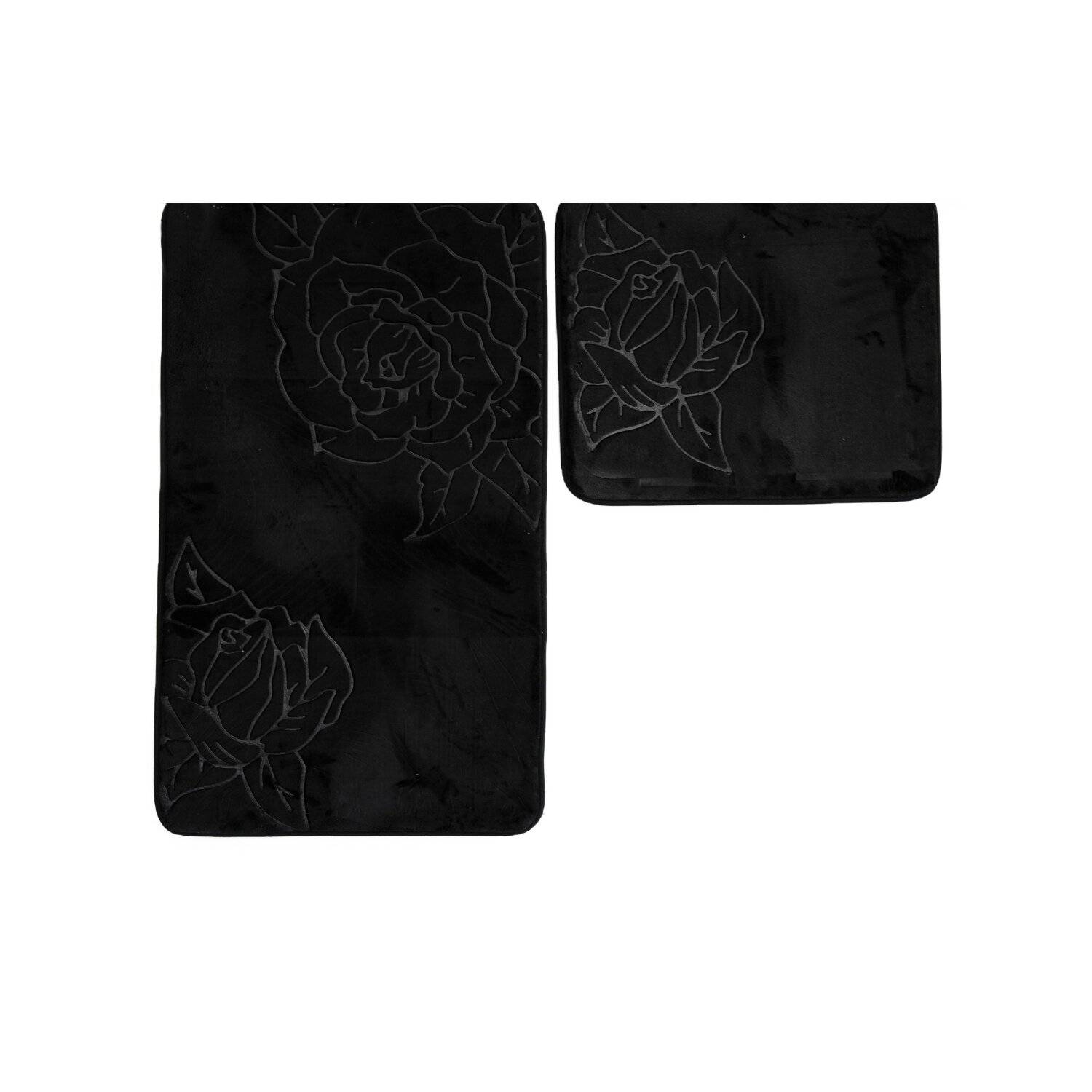 Almina Premium 2 teiliges Bademattenset aus Polyester Rutschfest Waschbar mit Rosenmotiv Schwarz
