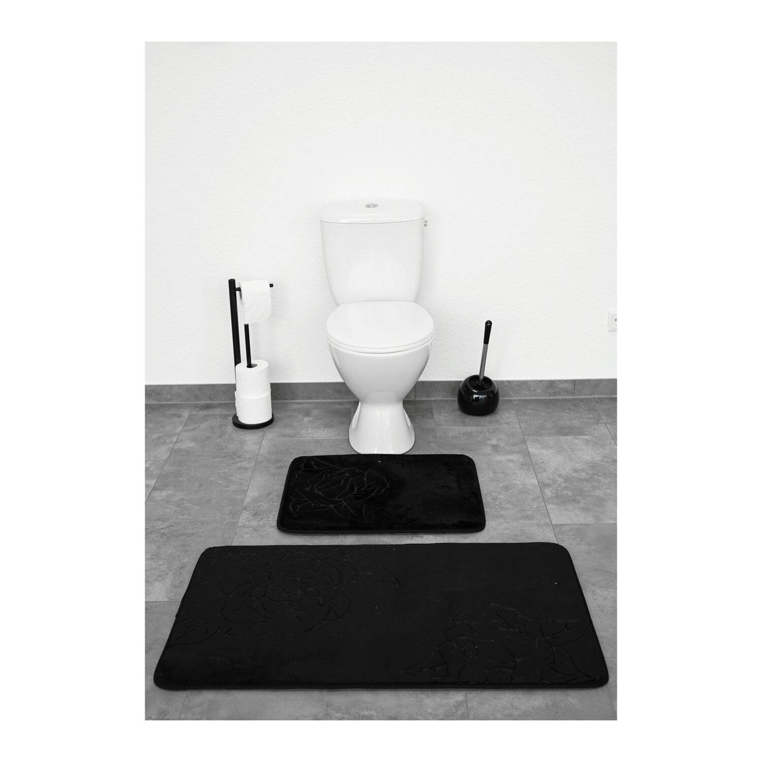 Almina Premium 2 teiliges Bademattenset aus Polyester Rutschfest Waschbar mit Rosenmotiv Schwarz