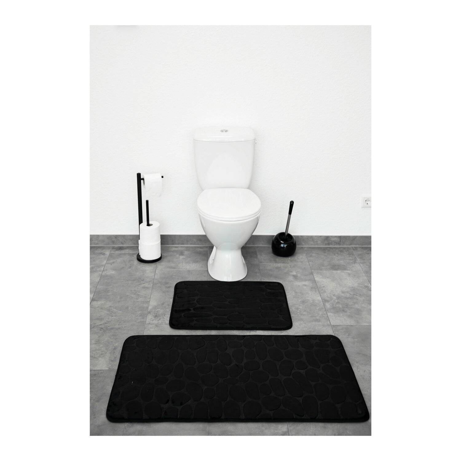 Almina Premium 2 teiliges Bademattenset aus Polyester Rutschfest Waschbar mit Steinmotiv Schwarz