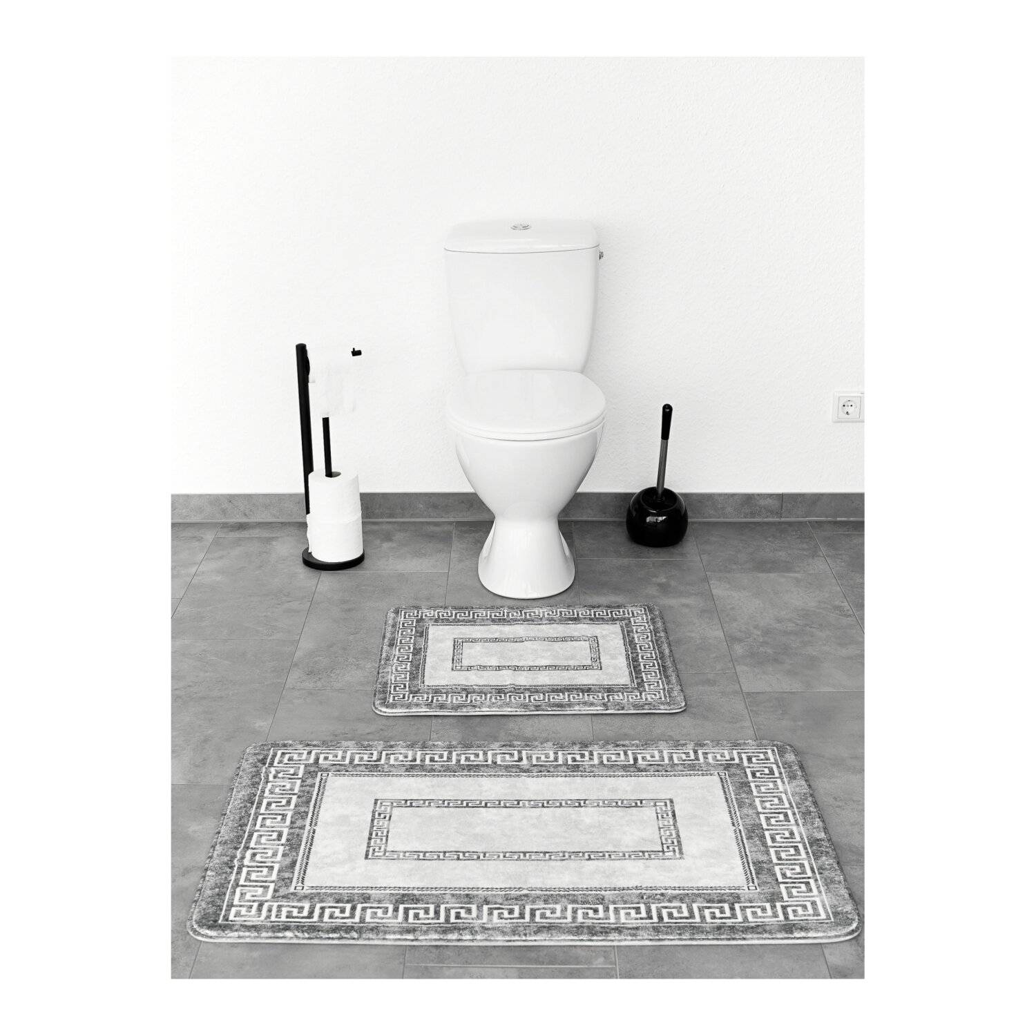 Almina Exclusive 2 Teiliges Bademattenset mit Muster Rutschfest waschbar aus Polyester Grau