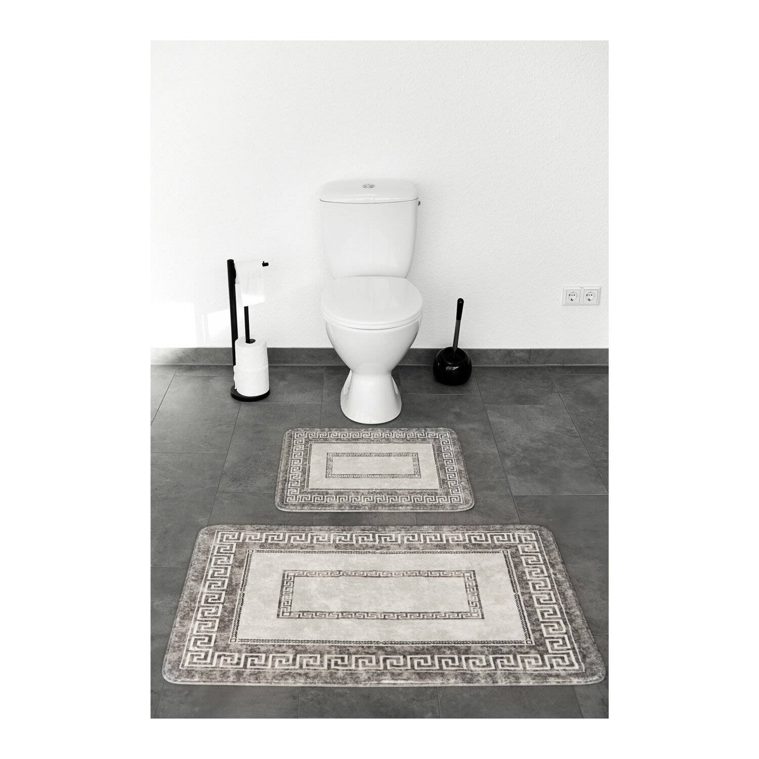 Almina Exclusive 2 Teiliges Bademattenset mit Muster Rutschfest waschbar aus Polyester Grau/Braun