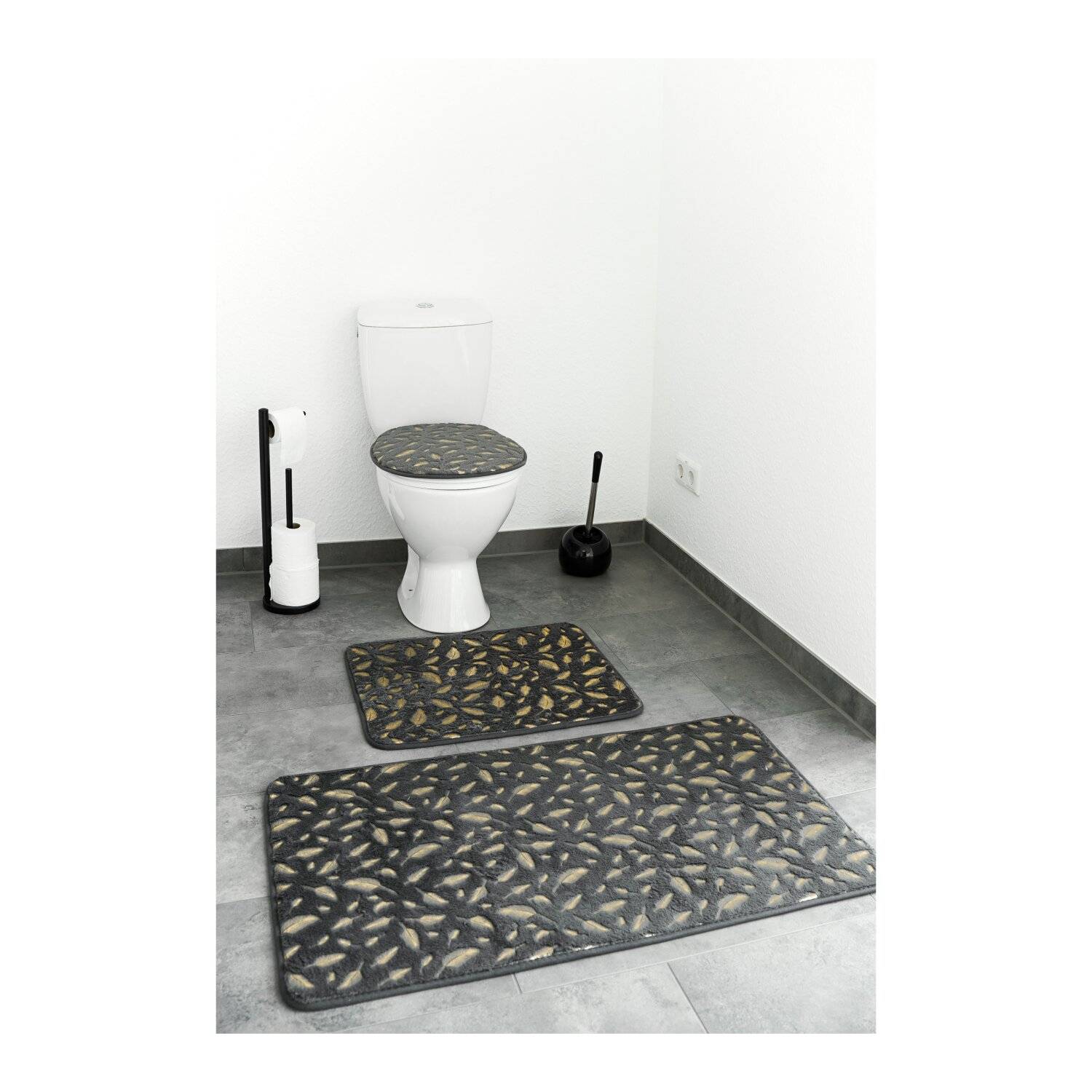 Almina Harmonie 3 Teiliges Bademattenset Rutschfest und Waschbar mit Federmotiv aus Polyester Anthrazit