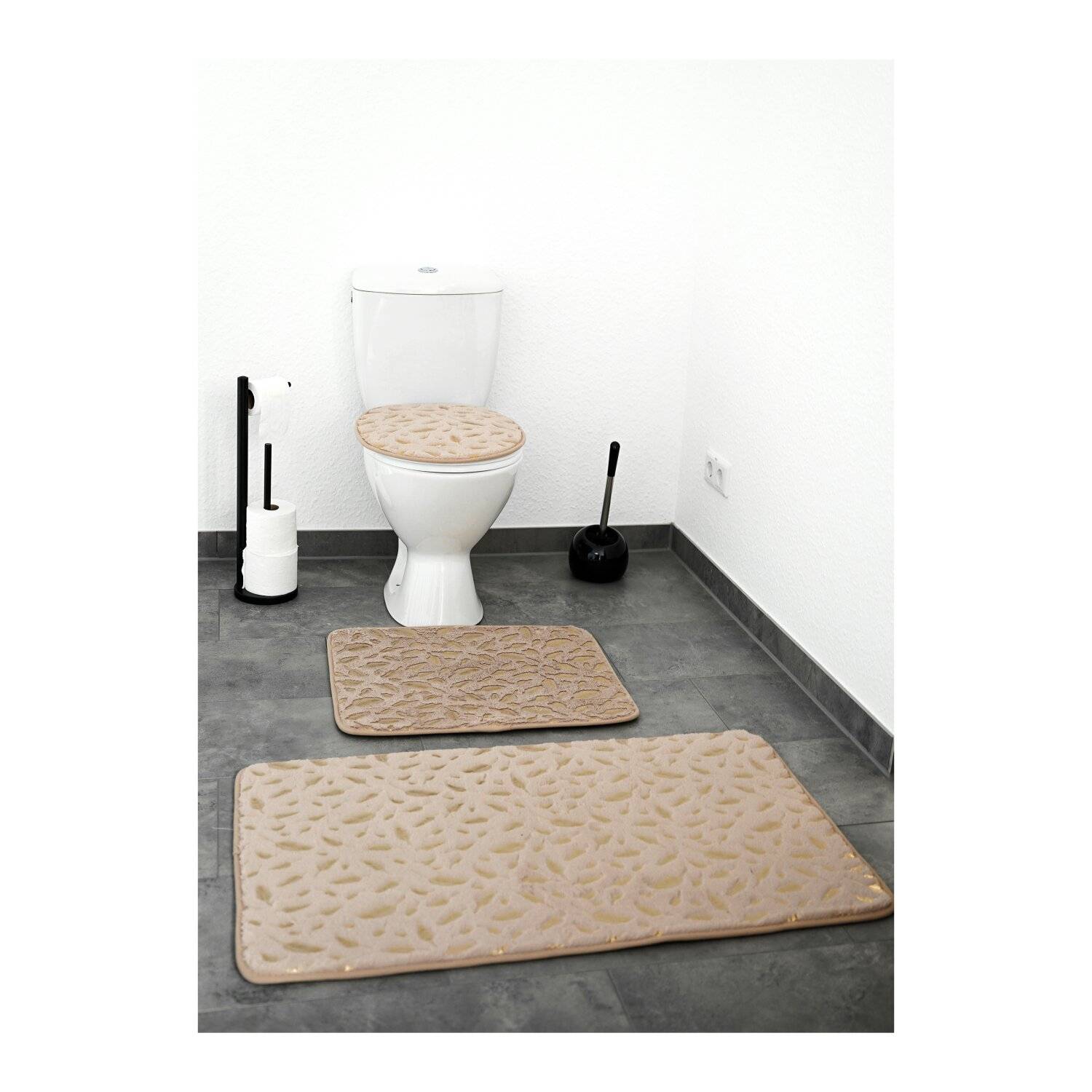 Almina Harmonie 3 Teiliges Bademattenset Rutschfest und Waschbar mit Federmotiv aus Polyester Braun