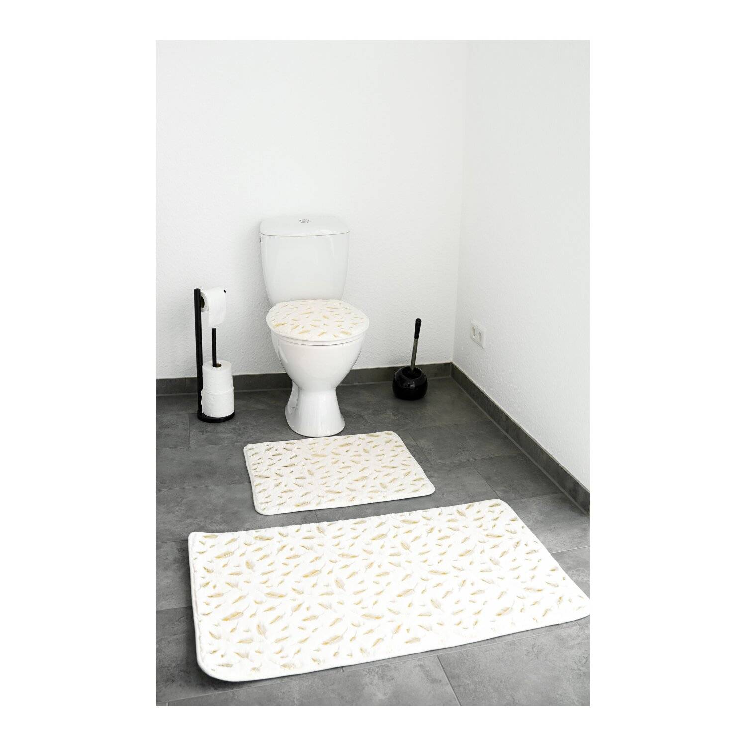 Almina Harmonie 3 Teiliges Bademattenset Rutschfest und Waschbar mit Federmotiv aus Polyester Creme