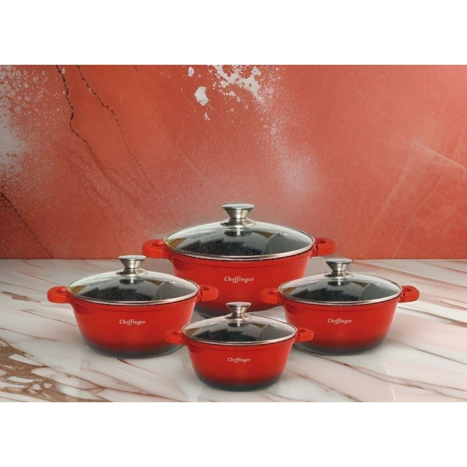 8 tlg Kochtopf Set Topf Induktion Anti Haft 20-24-28-32cm Geschirrset Rot