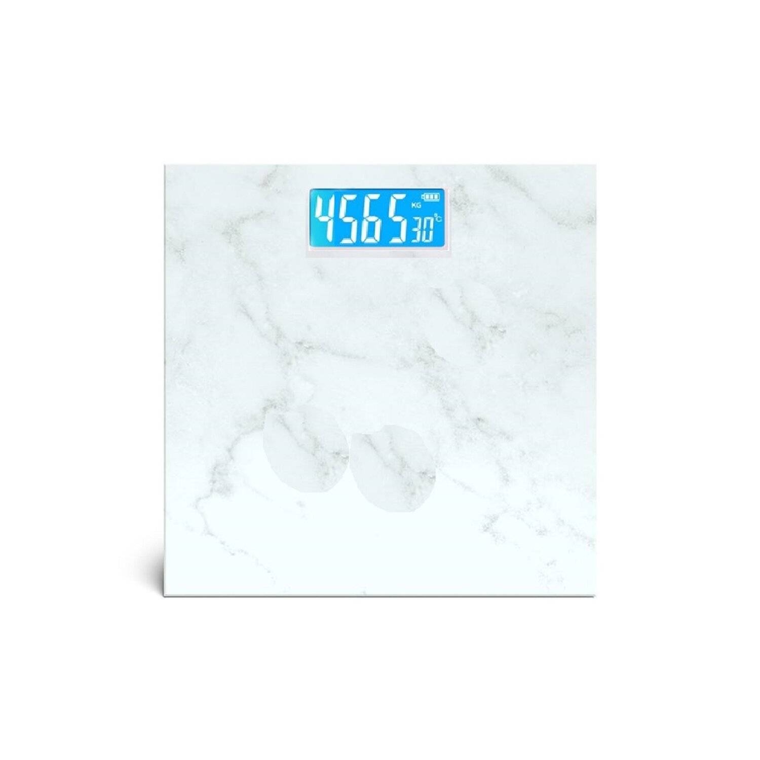 Cheffinger Personenwaage Waage Körperwaage Blau LCD Digital 180kg Marmor Weißes Design