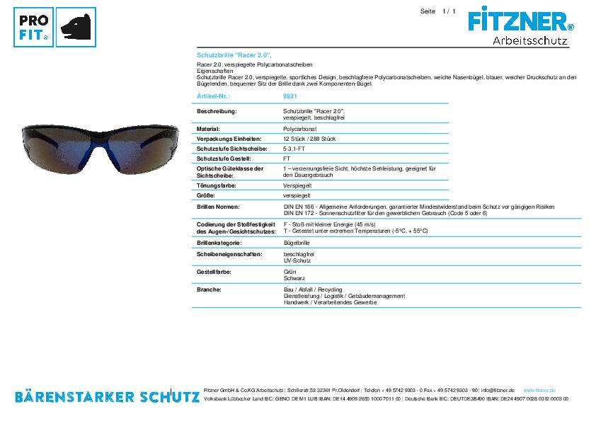 Schutzbrille EN 166 EN 172 Bügel schwarz/blau,Scheibe verspiegelt