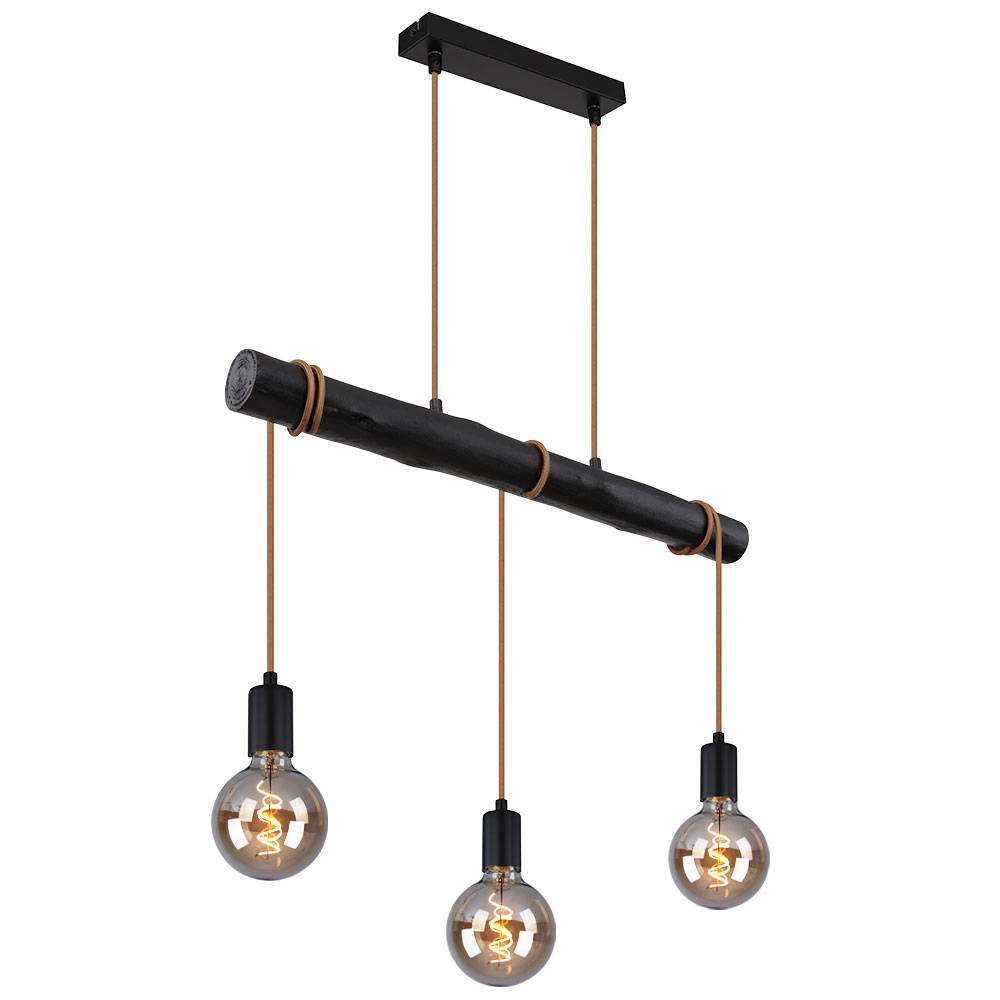 Hängelampe Esstisch Pendelleuchte schwarz Wohnzimmerlampe modern, Holzlampe 3-flammig Seil Höhe anpassbar, Metall, 3x E27 Fassung, LxBxH 60x5x120 cm
