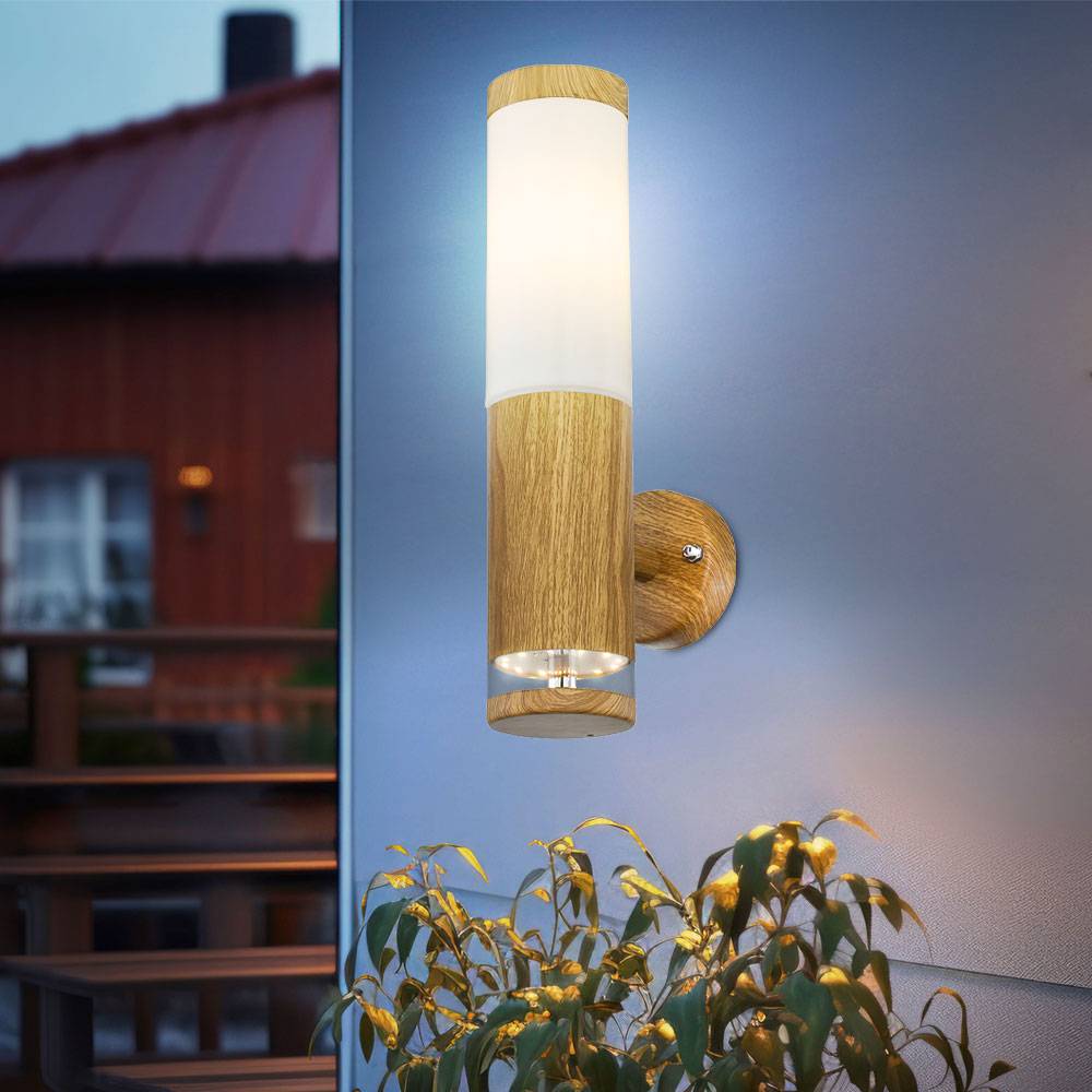Aussenleuchte Außenlampe Bewegungsmelder Edelstahl mit Bewegungsmelder Wandlampe Aussen Edelstahl, Holz Optik mit Deko LED, 1x E27, BxH 8,5 x 35 cm