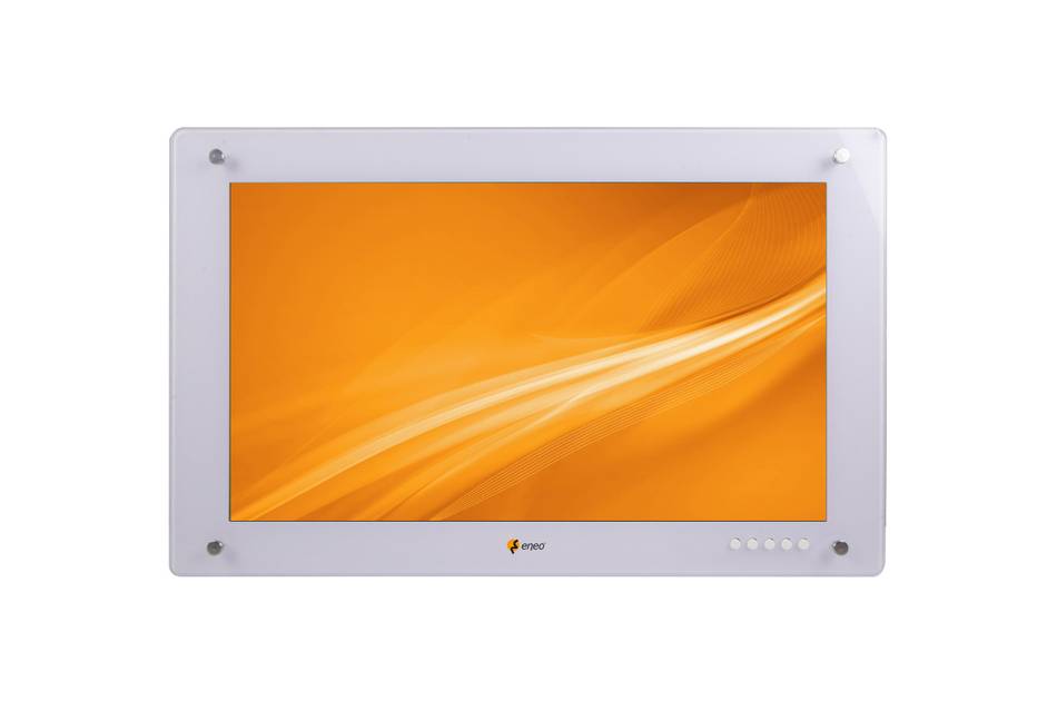 An der Wand montierter silbergerahmter Flachbildschirm mit orangefarbiger abstrakter Wellengrafik auf weißem Hintergrund.