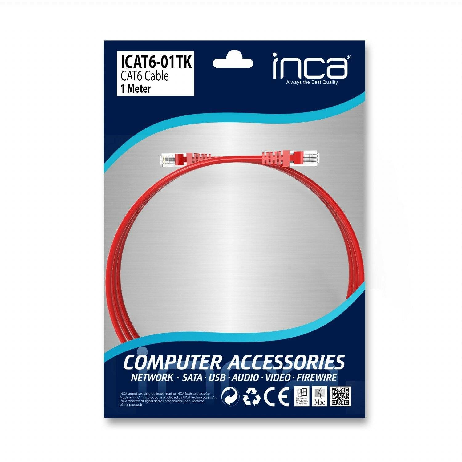 Inca ICAT6-01TK RJ45 Cat6 UTP Netzwerkkabel Ethernetkabel LAN-Kabel Rot 1 Meter