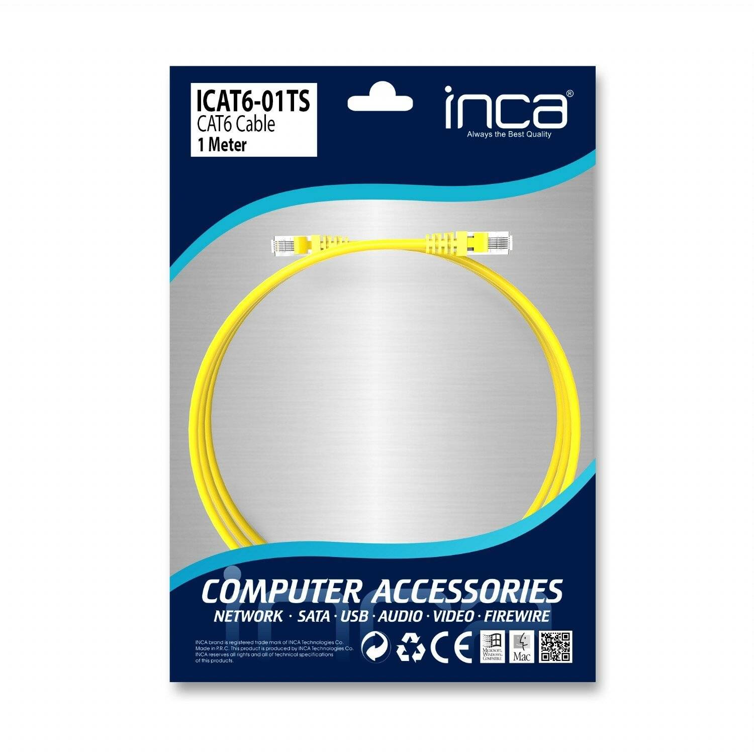 Inca ICAT6-01TS RJ45 Cat6 UTP Netzwerkkabel Ethernetkabel LAN-Kabel Gelb 1 Meter