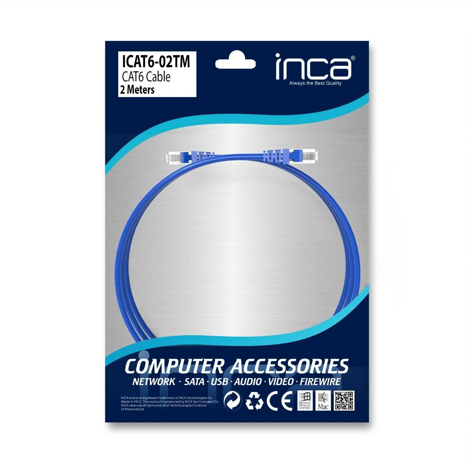 Inca ICAT6-02TM RJ45 Cat6 UTP Netzwerkkabel Ethernetkabel LAN-Kabel Blau 2 Meter