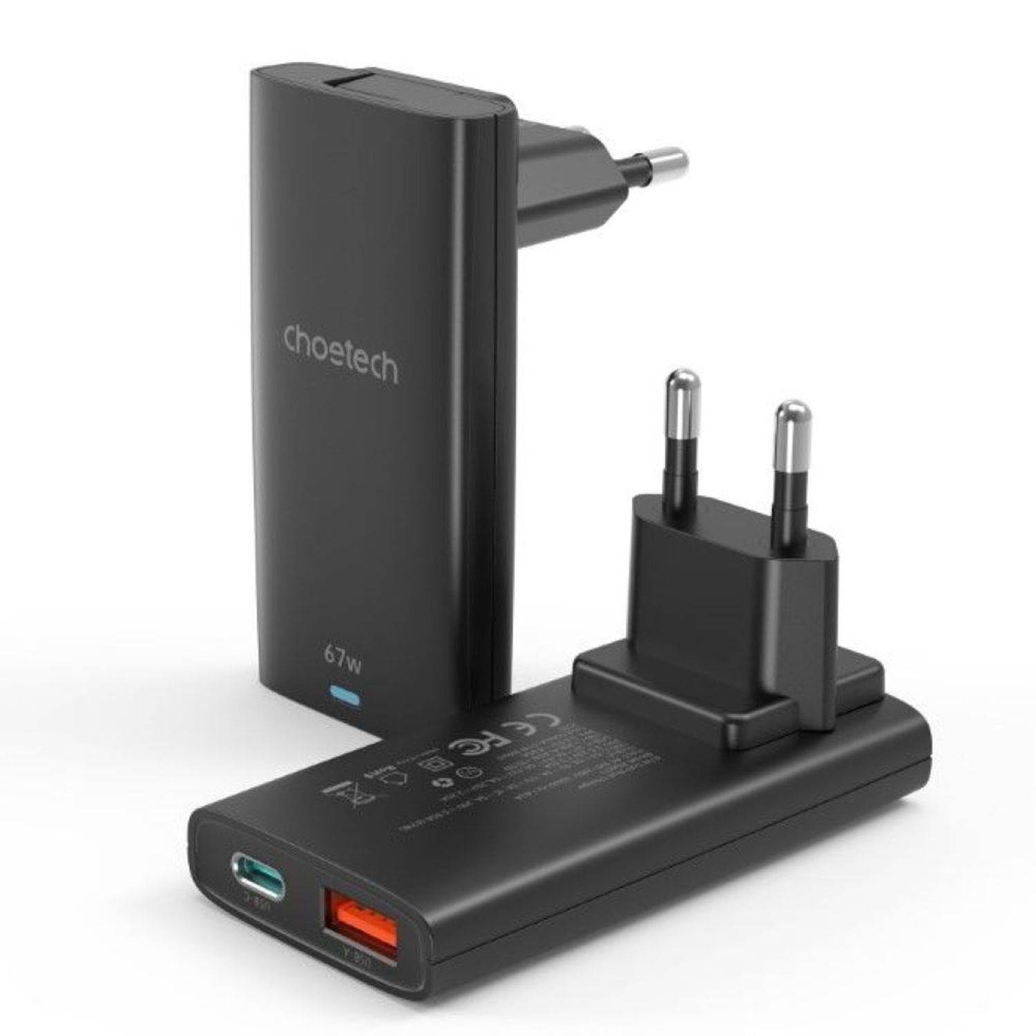 Choetech Schnellladegerät mit Länderadapter, Fast Charger (67W) , USB-C + USB-A Output 45W + 10.5W Schwarz