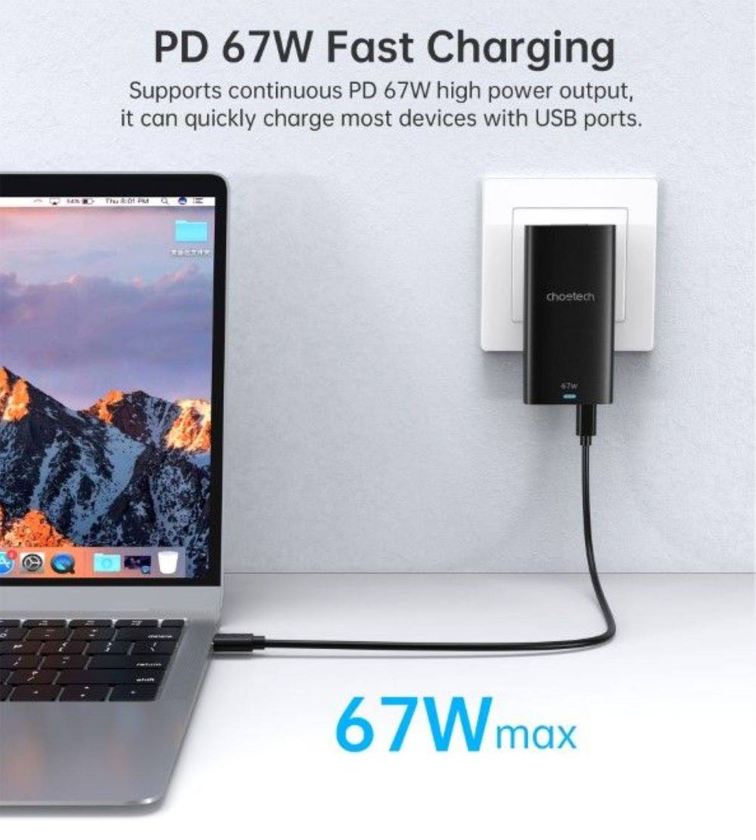 Choetech Schnellladegerät mit Länderadapter, Fast Charger (67W) , USB-C + USB-A Output 45W + 10.5W Schwarz