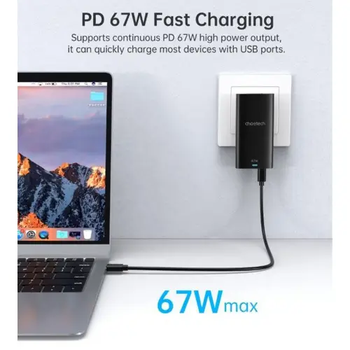 Choetech Schnellladegerät mit Länderadapter, Fast Charger (67W) , USB-C + USB-A Output 45W + 10.5W Schwarz Choetech Schnellladegerät mit Länderadapter, Fast Charger (67W) , USB-C + USB-A Output 45W + 10.5W Schwarz