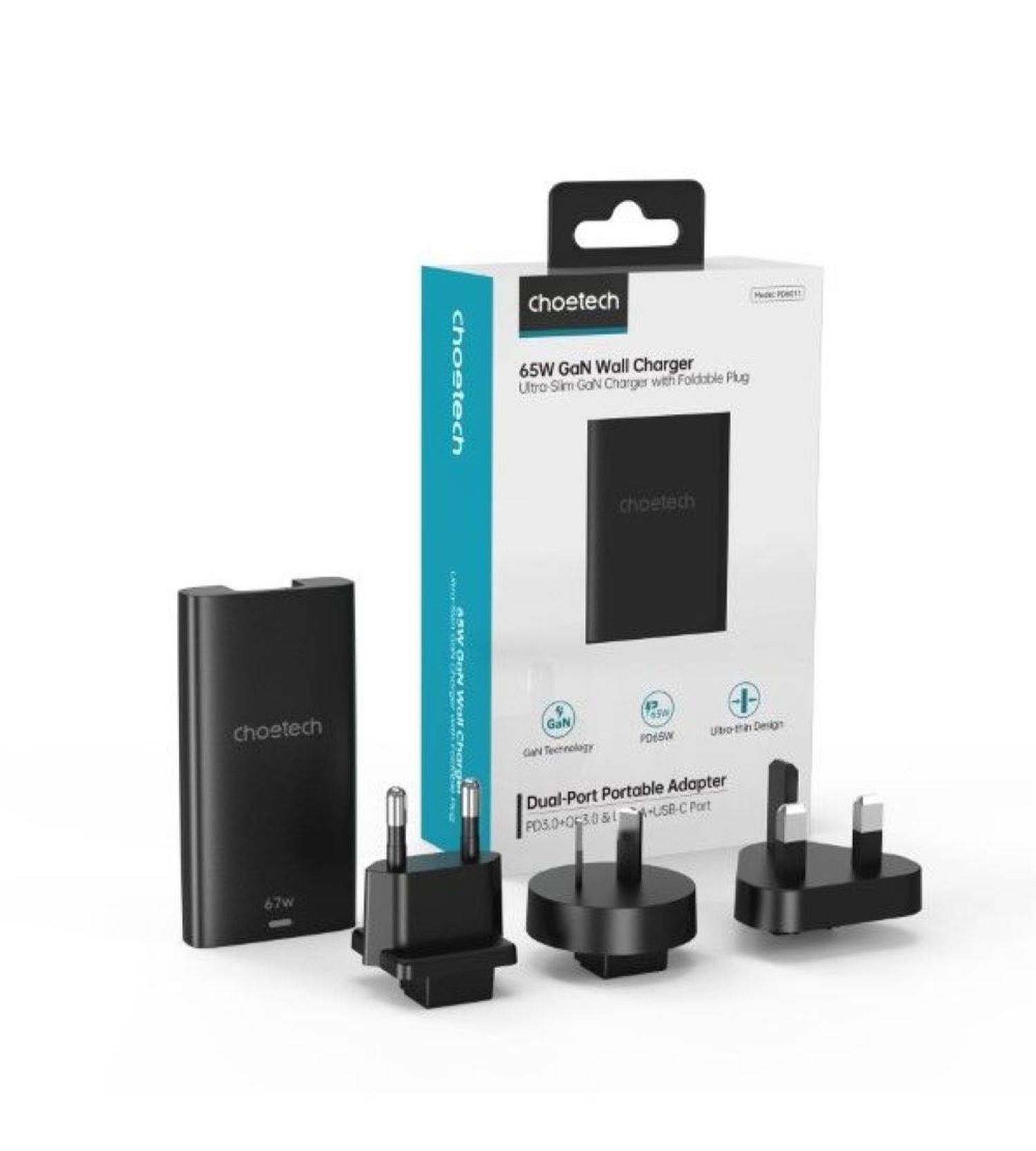 Choetech Schnellladegerät mit Länderadapter, Fast Charger (67W) , USB-C + USB-A Output 45W + 10.5W Schwarz