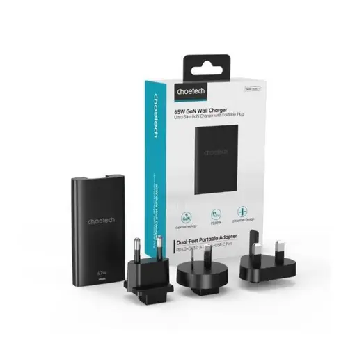 Choetech Schnellladegerät mit Länderadapter, Fast Charger (67W) , USB-C + USB-A Output 45W + 10.5W Schwarz Choetech Schnellladegerät mit Länderadapter, Fast Charger (67W) , USB-C + USB-A Output 45W + 10.5W Schwarz