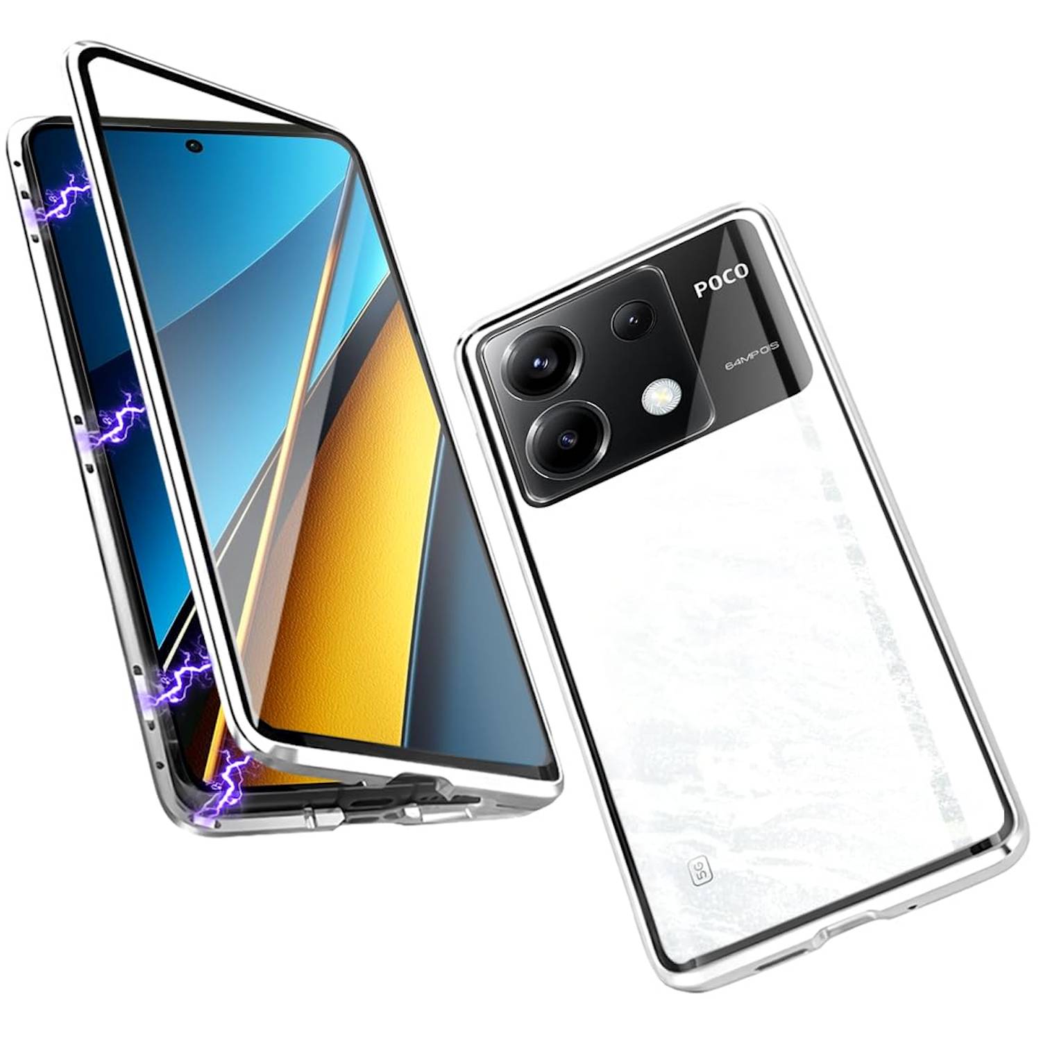 Für Xiaomi Redmi Note 13 Beidseitiger 360 Grad Magnet Glas Hülle Handy Tasche Bumper Silber