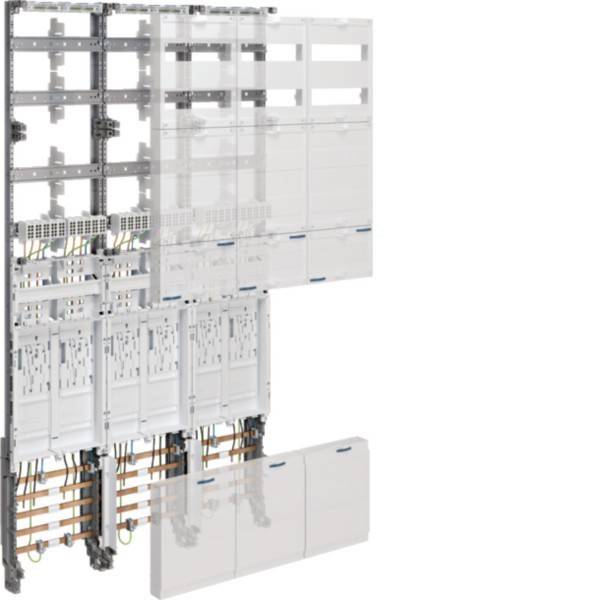 Ein elektrischer Verteilerschrank mit mehreren Sicherungsautomaten und Verkabelung, dargestellt in einer transparenten Querschnittsansicht für bessere Übersichtlichkeit.