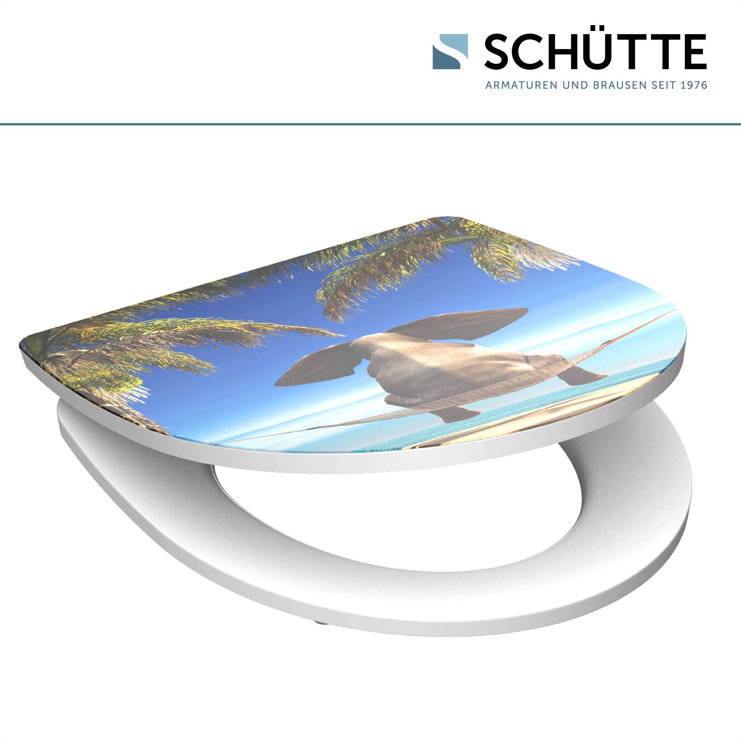 Toilettensitz mit einem Bild einer tropischen Strandszene mit Palmen und klarem blauem Himmel. Der Schriftzug der Marke „Schütte