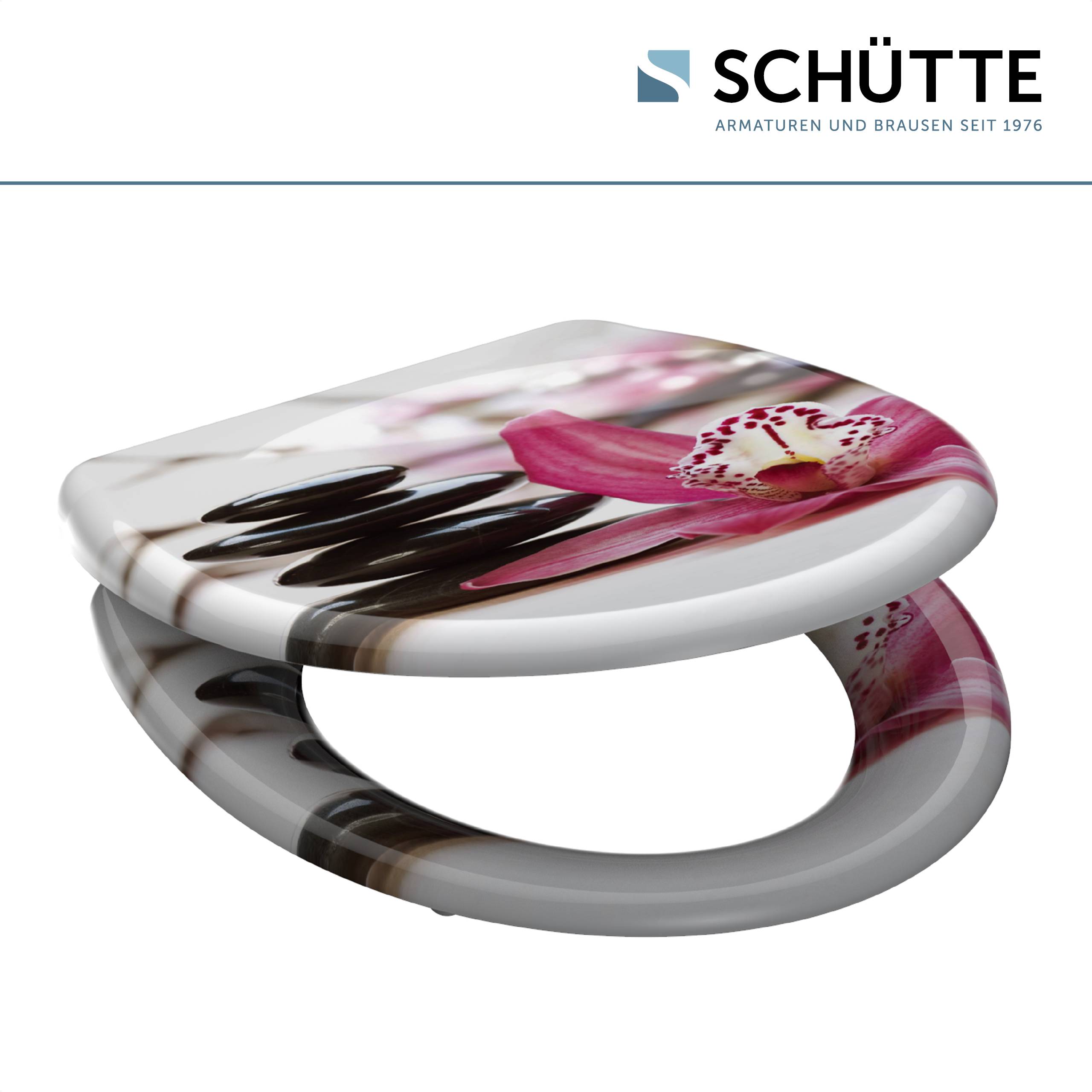 Ein Toilettensitz mit einem gedruckten Orchideen- und gestapelten Steinen-Design, hergestellt von Schütte, der einen modernen und künstlerischen Stil zeigt.