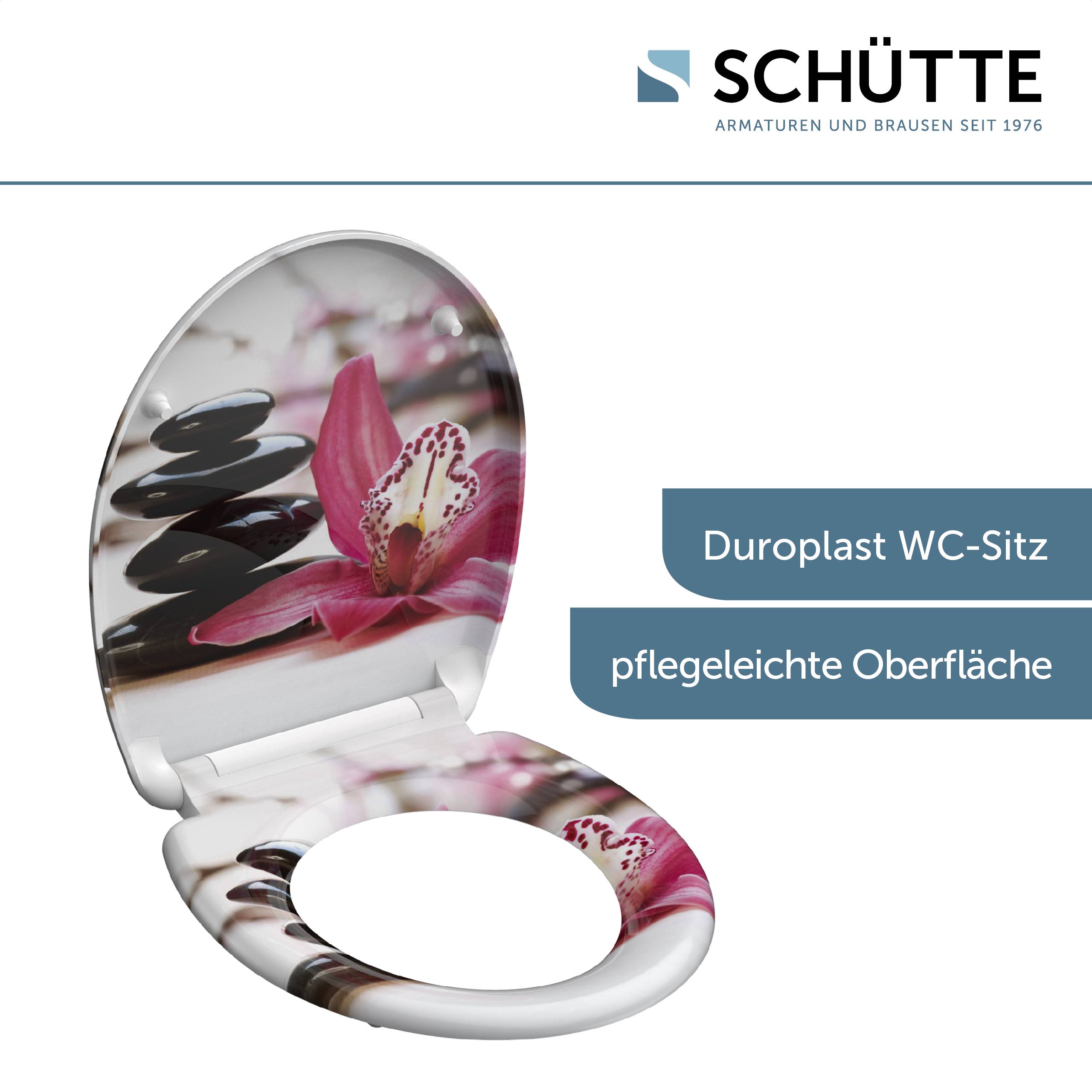 Ein Toilettensitz mit floralem und Steindesign wird präsentiert. Der Text lautet „Duroplast WC-Sitz