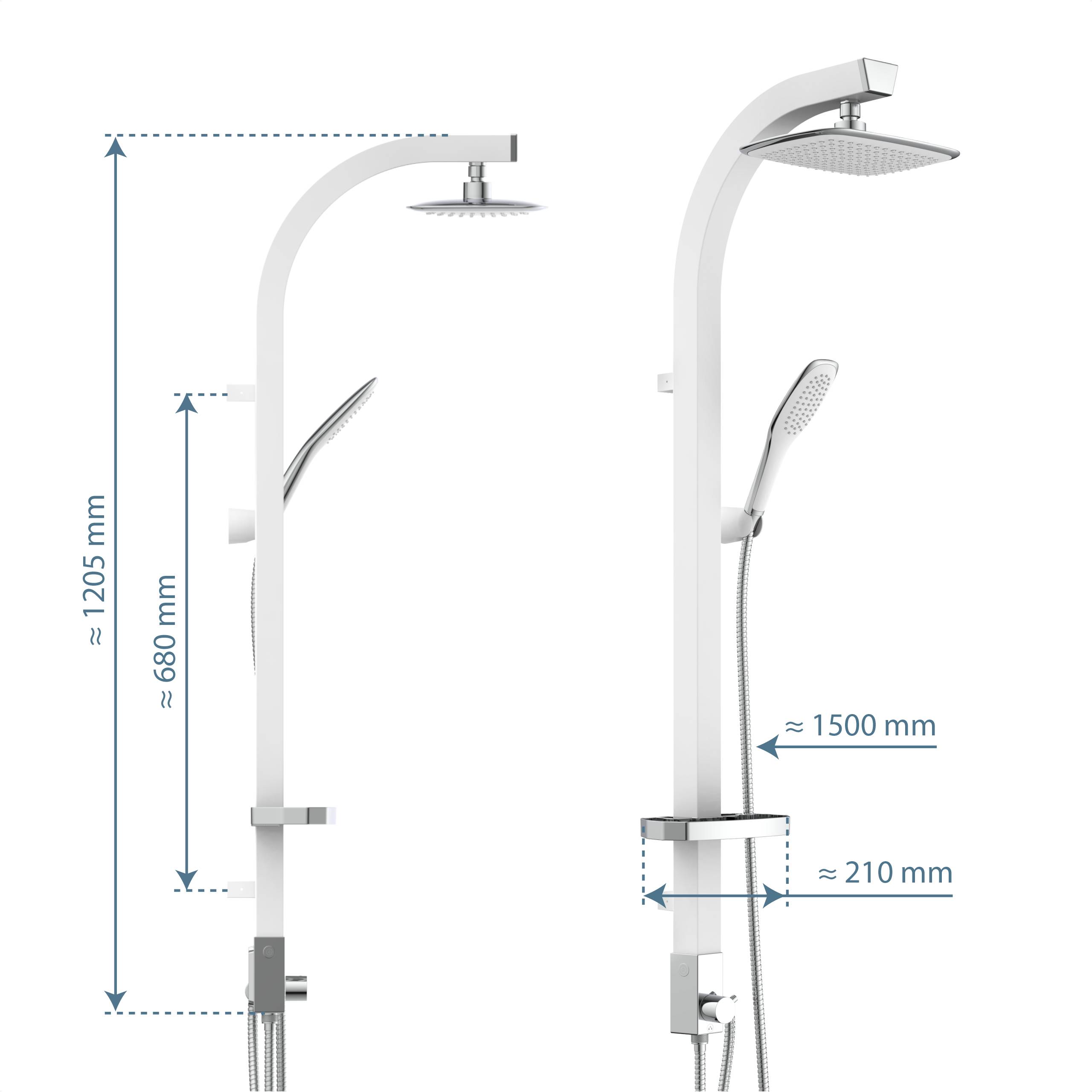 Diagramm eines Douchesystems mit Kopfbrause und tragbarem Handbrausen-Sprayer, mit ungefähren Abmessungen: 1205 mm Höhe, 680 mm Höhe der Handbrause, 1500 mm Schlauch, 210 mm Basisbreite.