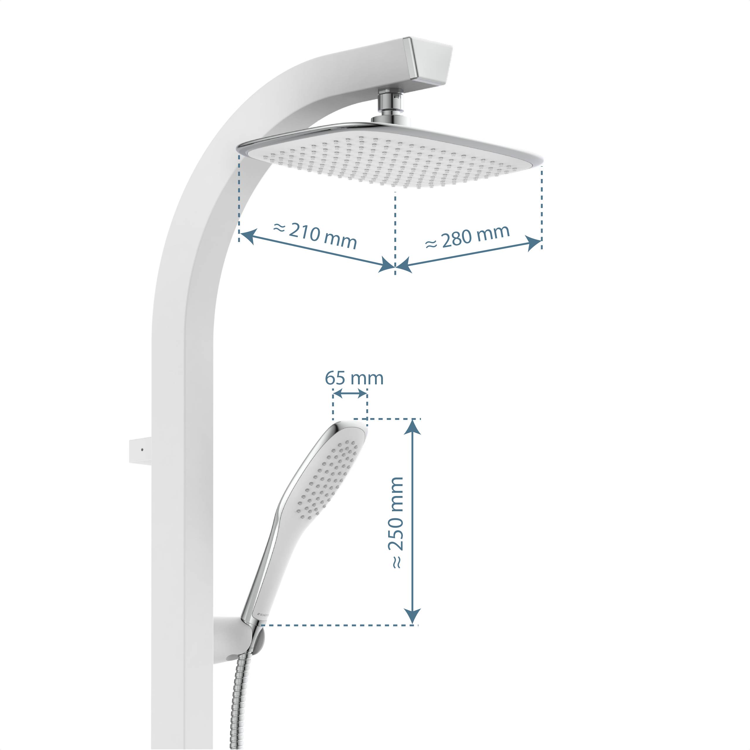 Illustriertes Duschenanlage mit Kopfbrause und Handbrause, mit ungefähren Abmessungen: Kopfbrause 210 mm x 280 mm, Handbrause 65 mm x 250 mm.