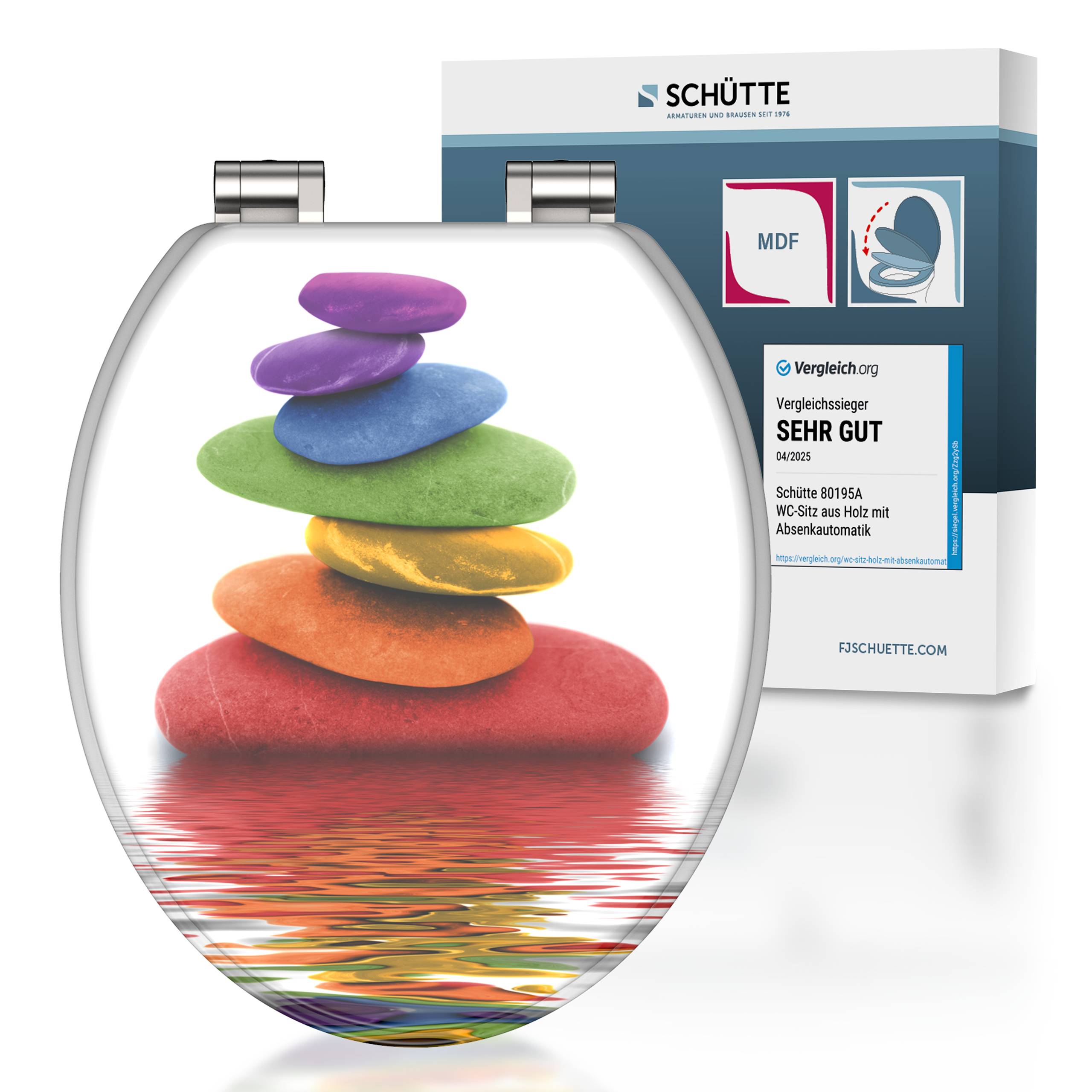 Toilettensitz mit einem bunten Kieselstein-Design und Spiegelung, neben einer Verpackung, die die Qualitätsbewertung „SEHR GUT