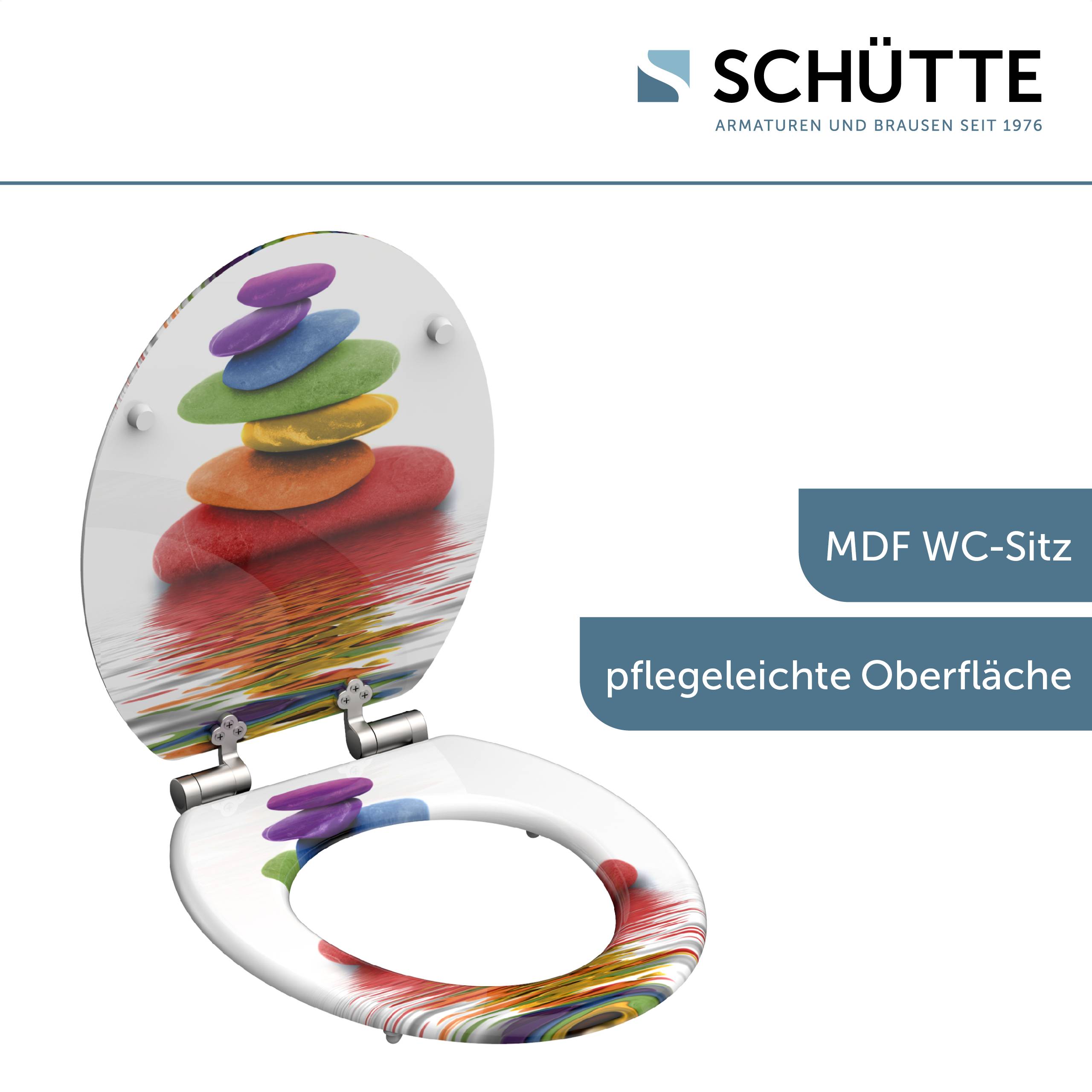 Ein Toilettensitz mit buntem Steinmosaik und Text: 'MDF-WC-Sitz', 'pflegeleichte Oberfläche', Marke 'Schütte'.