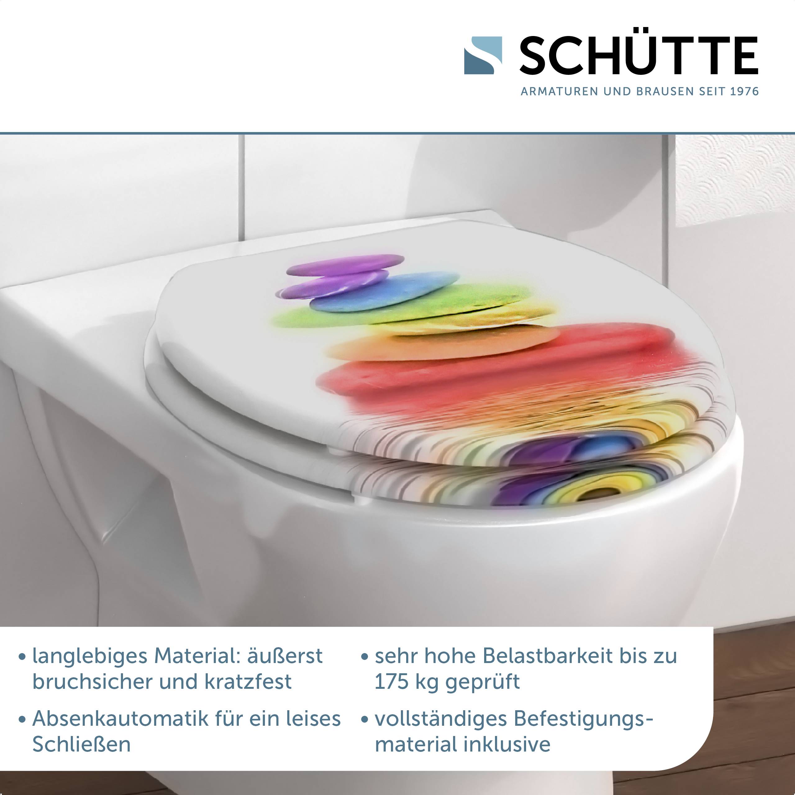 Toilettensitz mit farbenfrohem Wellenmuster. Merkmale: langlebig, kratzerresistent, sanft schließend, trägt bis zu 175 kg, einschließlich Montagematerial.