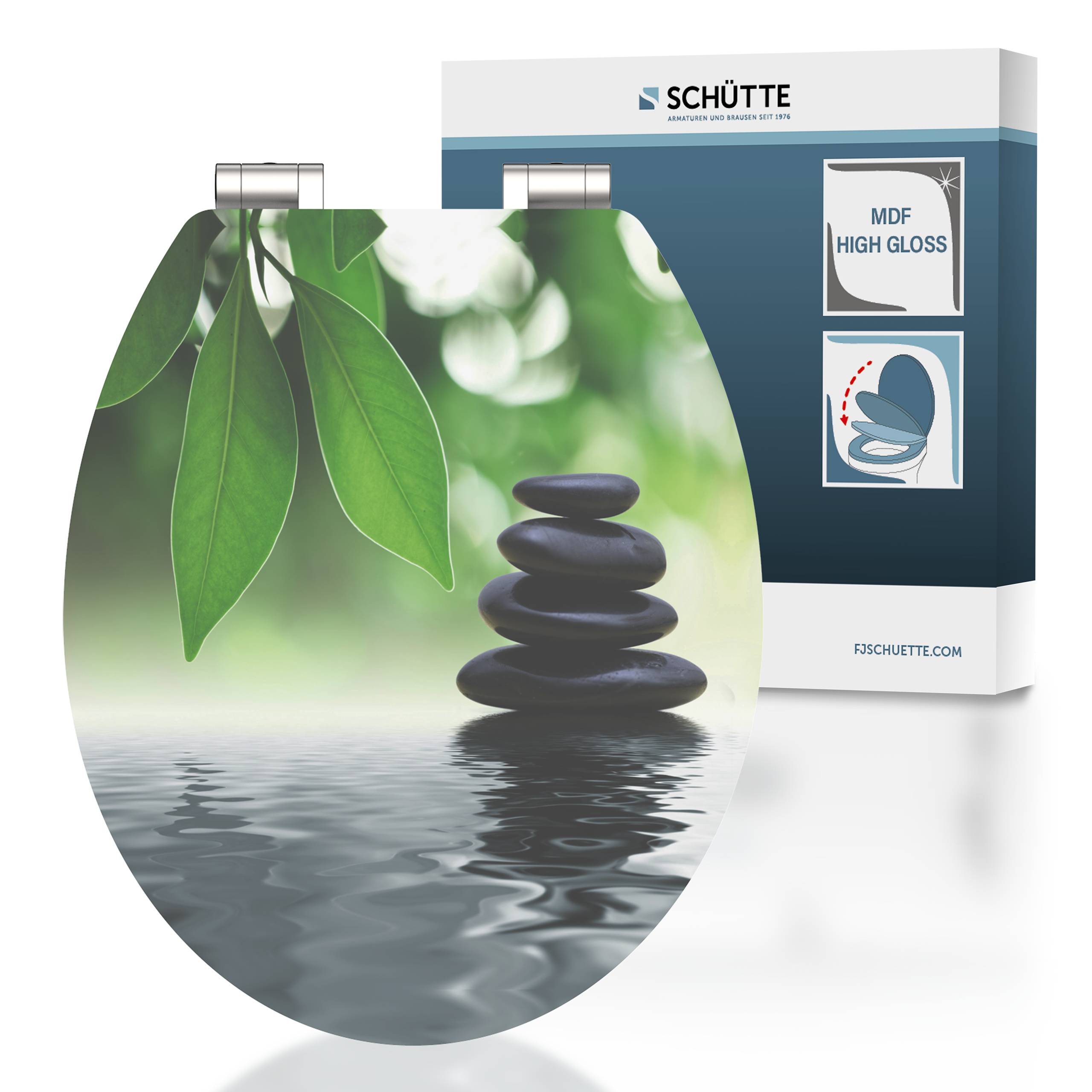Ein Toilettensitz mit Naturdesign, das ausbalancierte Steine und grüne Blätter über Wasser zeigt, neben einer Schachtel mit der Aufschrift „Schütte MDF High Gloss