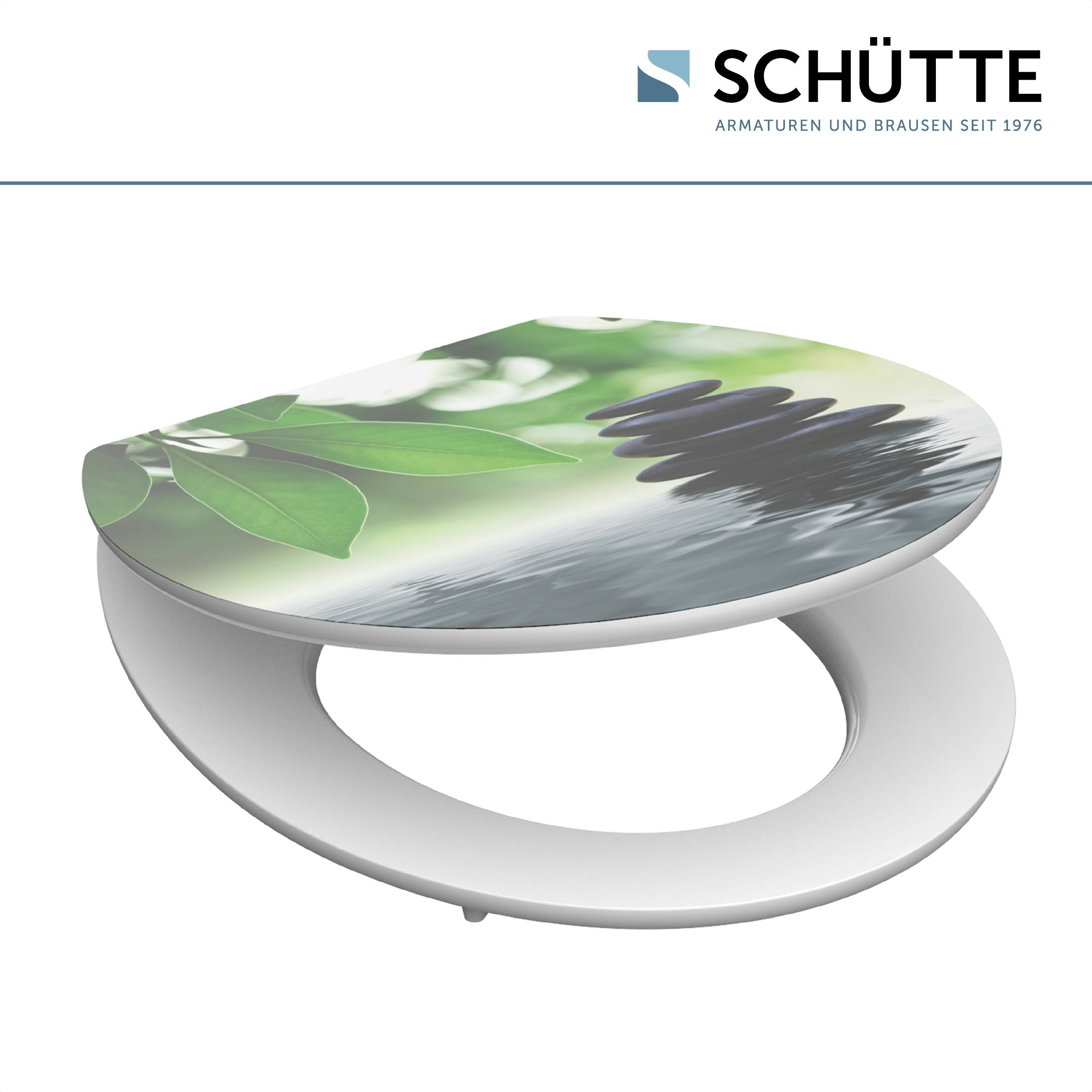 Ovaler Toilettensitz mit hellem grünem Blatt- und schwarzem Steindesign, das eine ruhige und natürliche Ästhetik repräsentiert, mit der Marke 'Schütte'.