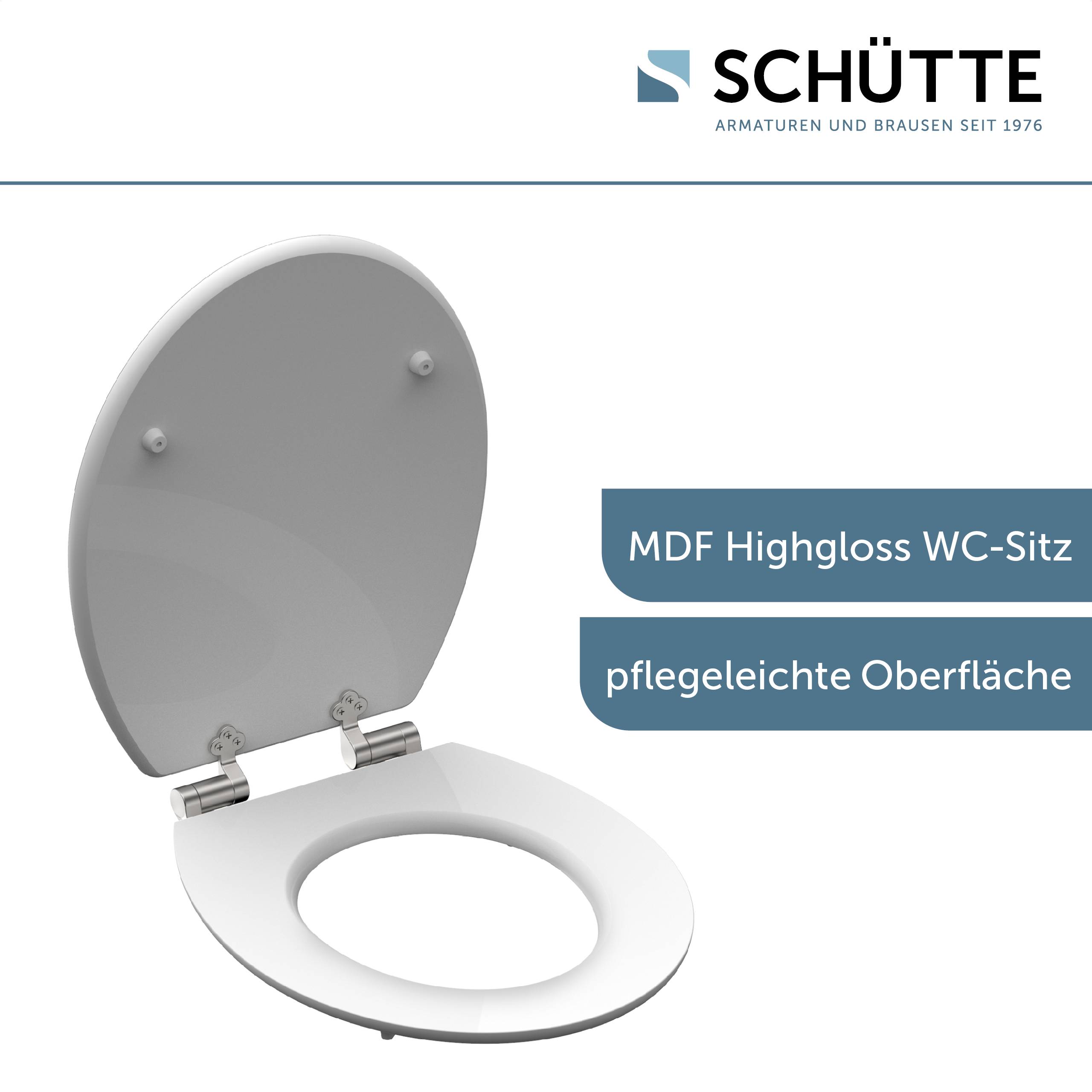 Ein weißer Toilettensitz mit hochglänzender MDF-Oberfläche wird gezeigt, mit der Marke „SCHÜTTE