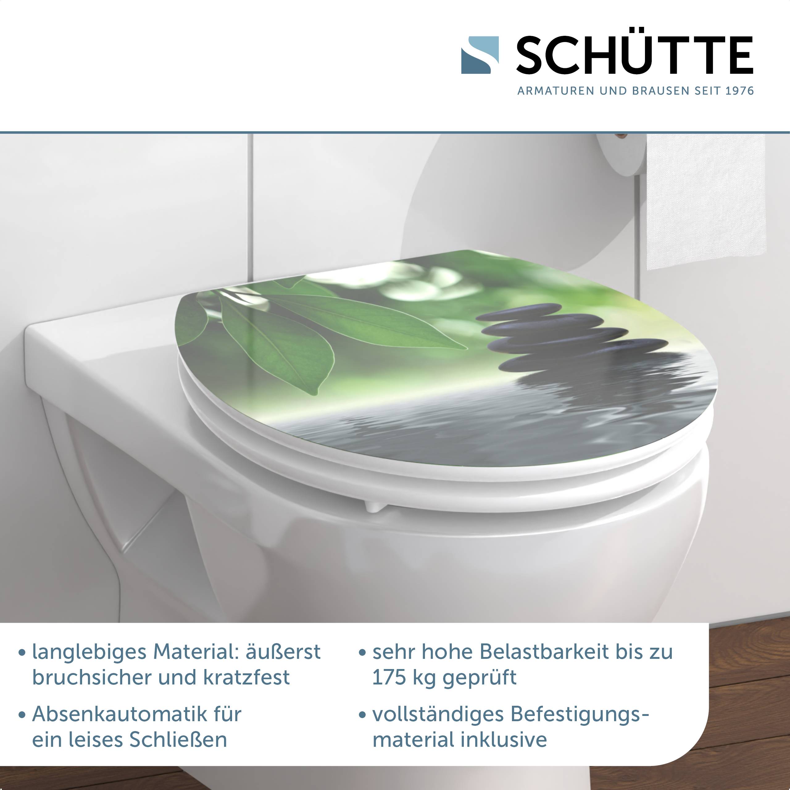 Toilette mit naturthematischem Sitzbezug und gekennzeichneten Haltbarkeitsfunktionen, Tragfähigkeit bis 175 kg und enthaltene Montagematerialien.